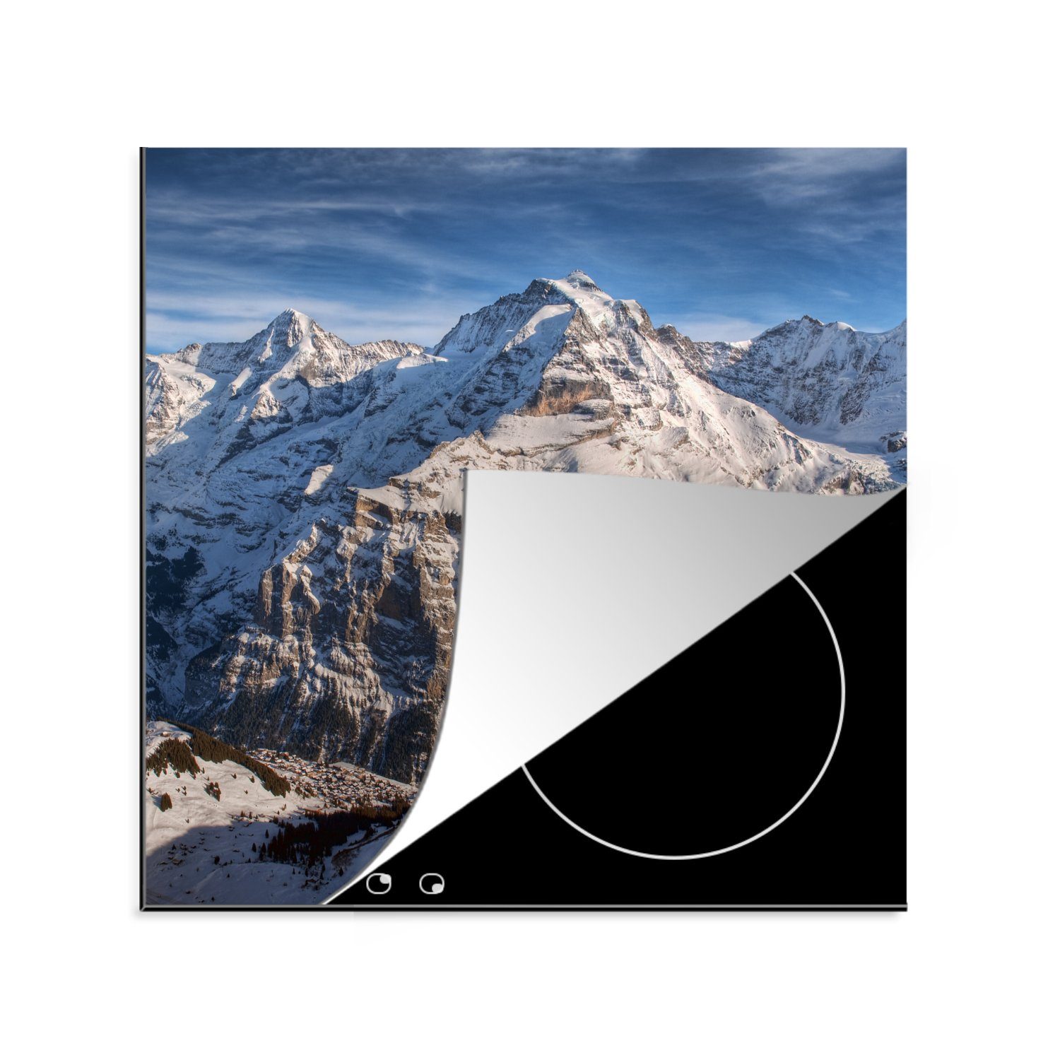 MuchoWow Herdblende-/Abdeckplatte Schweizer Eiger mit Blick auf Mönch und Jungfrau, Vinyl, (1 tlg), 78x78 cm, Ceranfeldabdeckung, Arbeitsplatte für küche