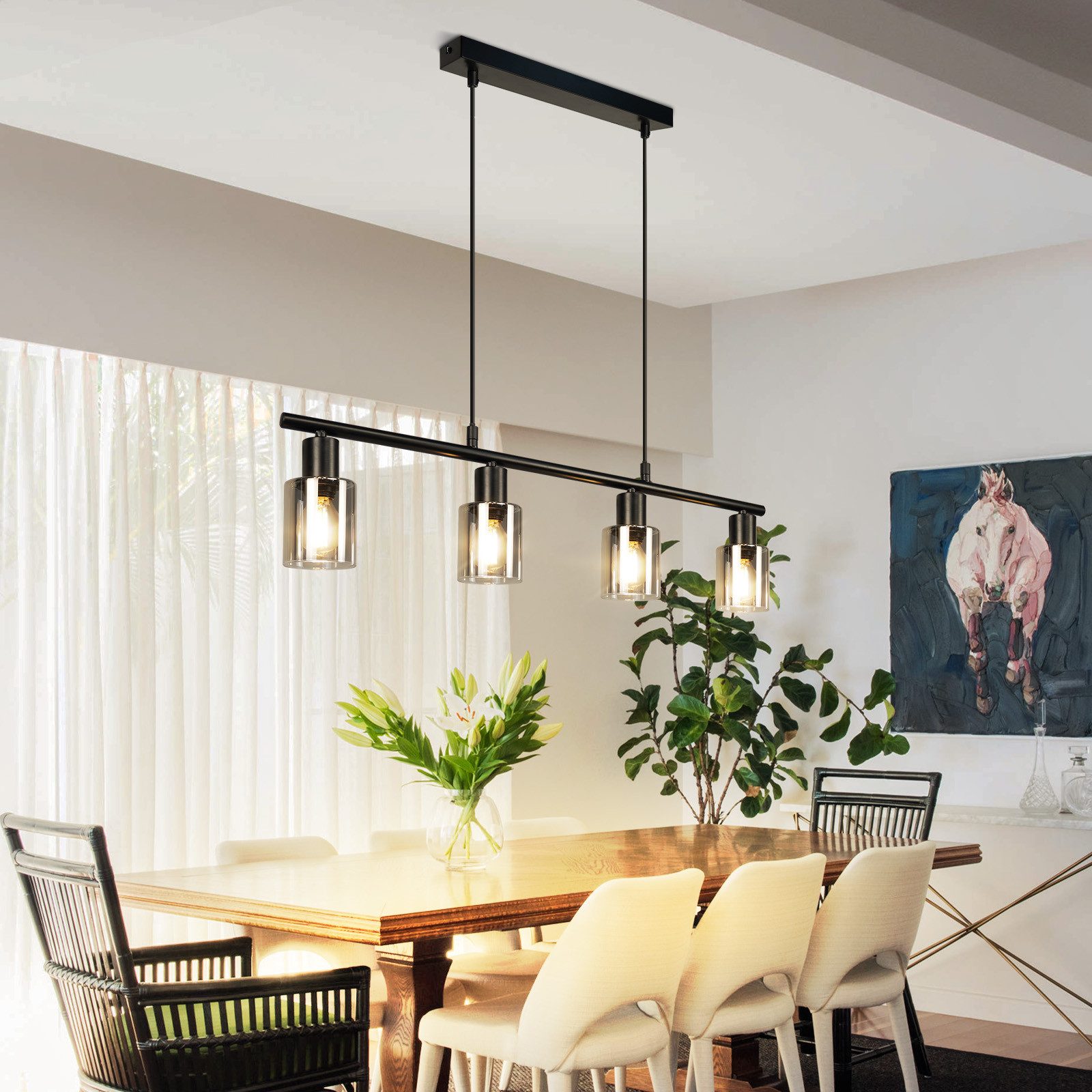 ZMH Pendelleuchte Esszimmer 4 Flammig Vintage Glas E14 Hängelampe für Wohnzimmer Küche, ohne Leuchtmittel, Schwarz Höhenverstellbar hängend Esstischlampe – Bild 2 von 5