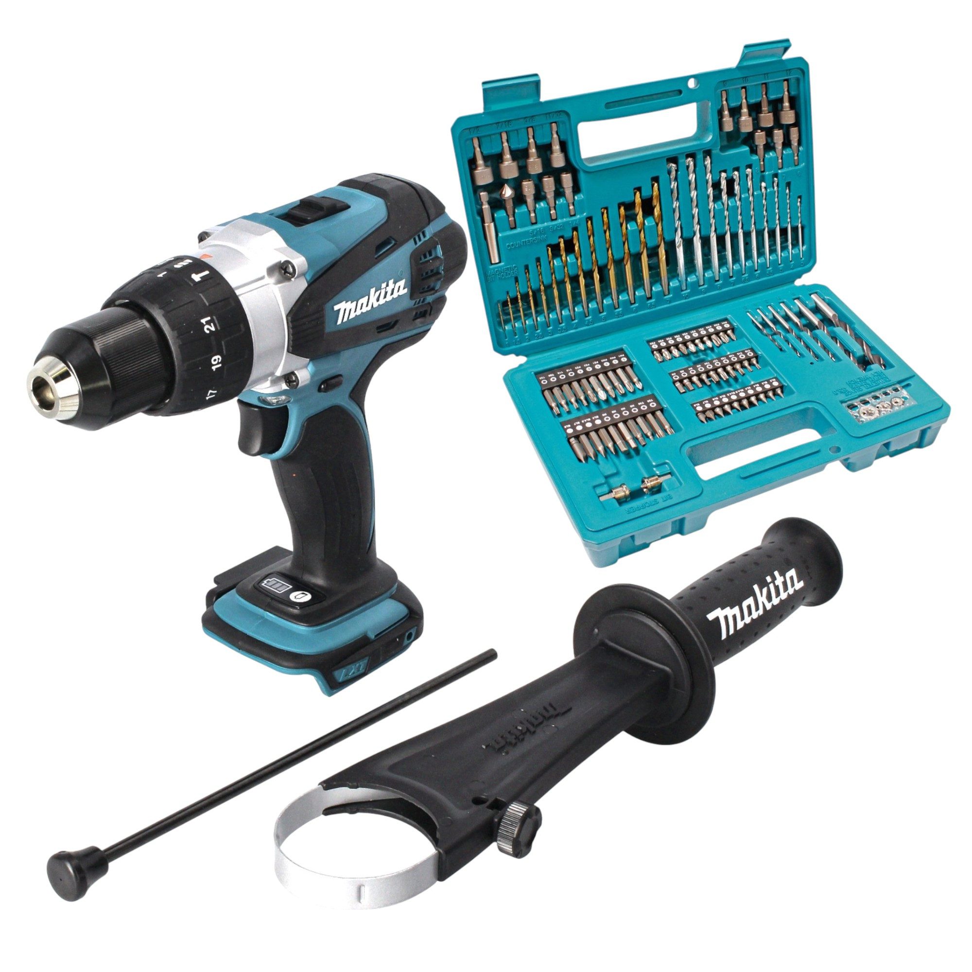 Makita Schlagbohrmaschine DHP 458 Z 18 V 91 Nm + 102 tlg. Bit Bohrer Set - ohne Akku, ohne Lader