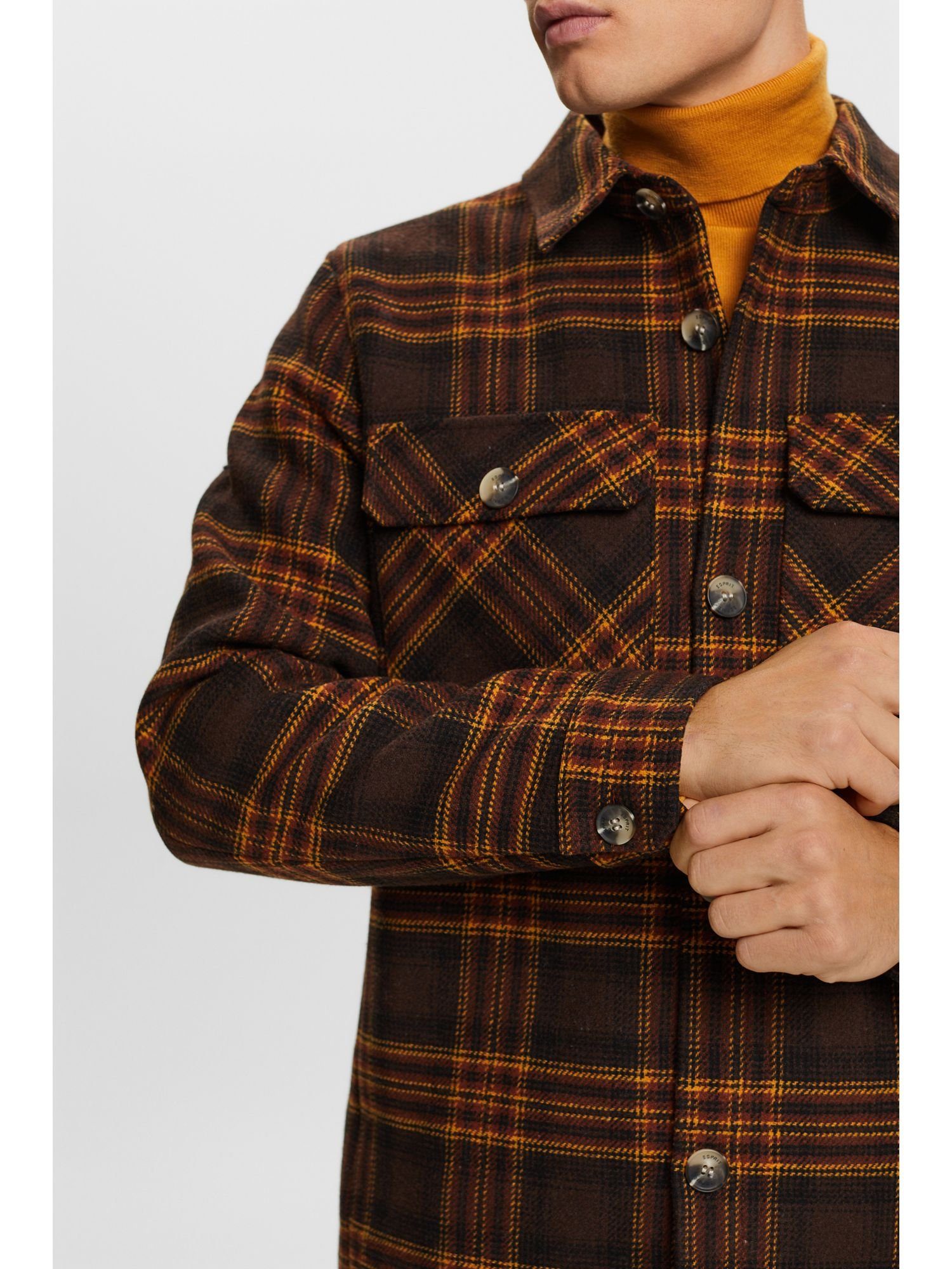 Wollmix Esprit DARK Kariertes BROWN Overshirt Outdoorjacke aus