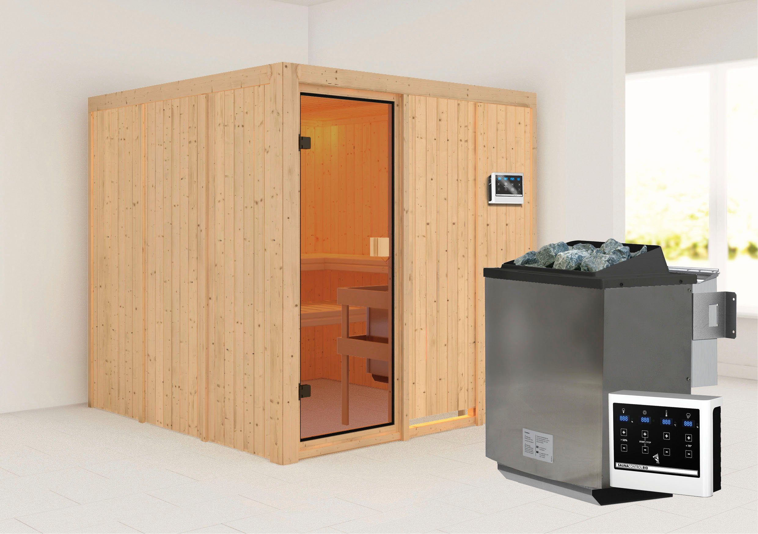 Karibu Sauna "Ouno" mit bronzierter Tür naturbelassen, Ofen 9 kW Bio mit ext. Strg., BxTxH: 196 x 196 x 198 cm, 68 mm