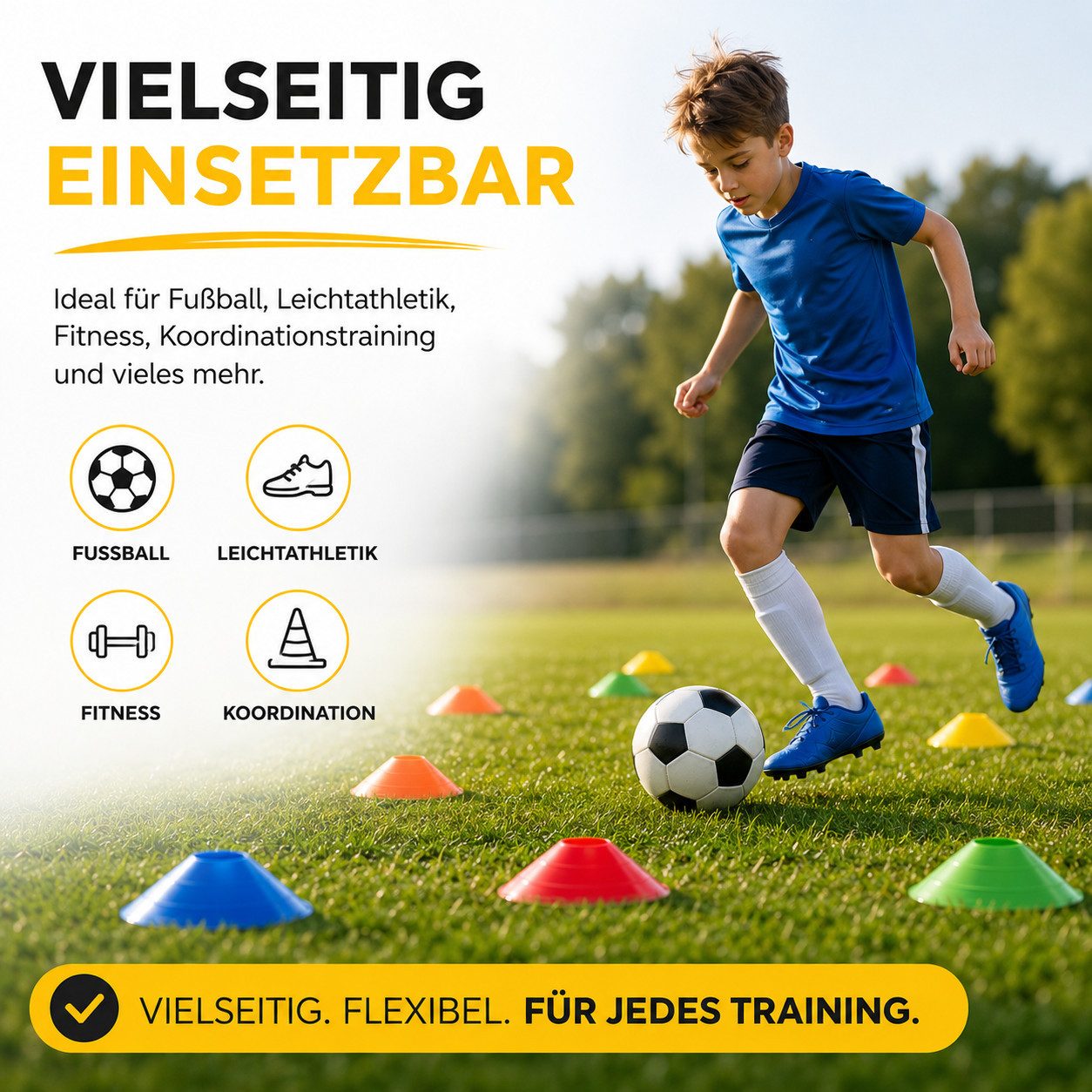 Sportyfits® Markierungshütchen 20x Markierungshütchen Hütchen für Slalom Trainingszubehör Sport (20er Set, 20 St., 20 Hütchen in 5 verschiedenen Farben), Flexibles Material / inkl. Halterung