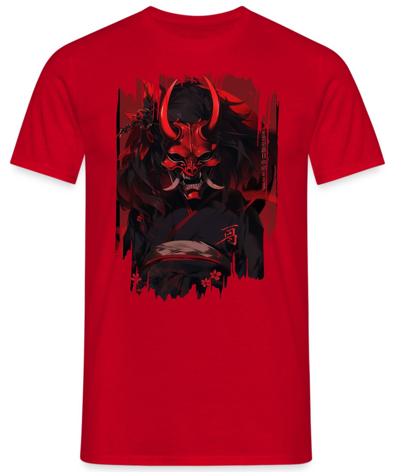 Quattro Formatee Kurzarmshirt Anime - Japanische Herren (1-tlg) Streetwear Japan Ästhetik Oni Mask Rot Dämon