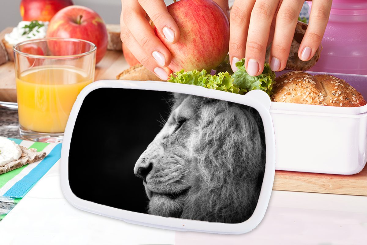 MuchoWow Lunchbox Mädchen für Kinder (2-tlg), und Brotbox Porträt, - Löwe für Jungs - und weiß Brotdose, Profil Kunststoff, Erwachsene