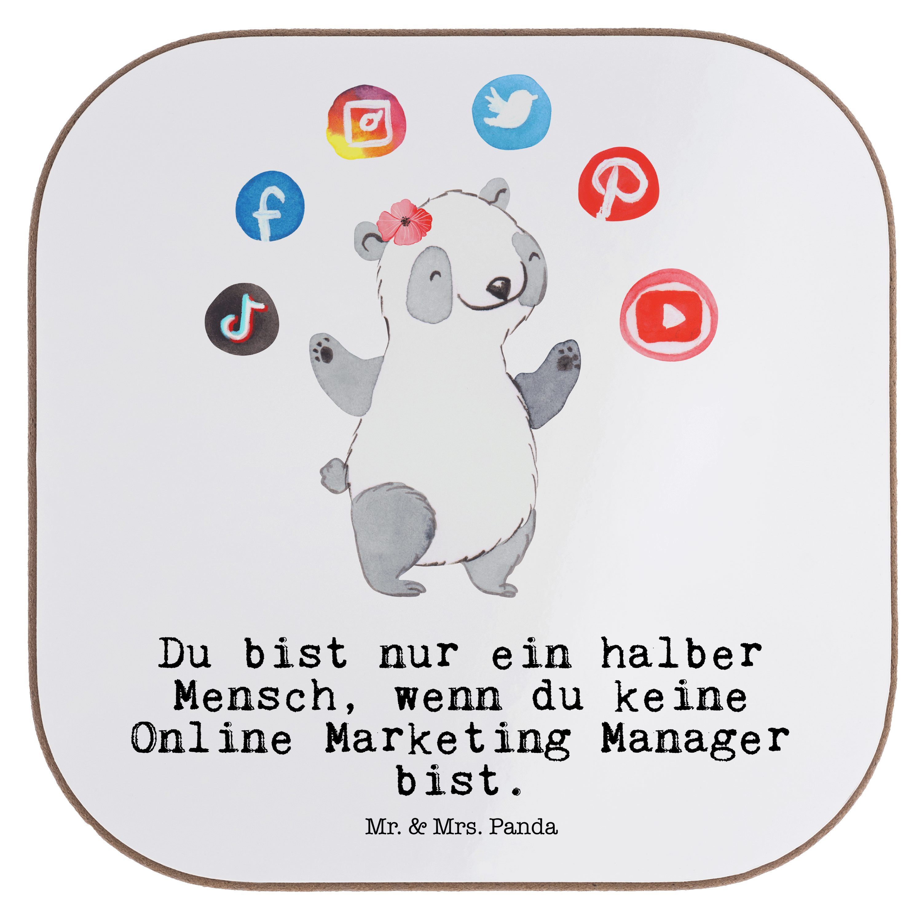 Weiß Mrs. mit - 1-tlg. Influencer Online Marketing Getränkeuntersetzer Mr. Herz & - Manager Marke, Geschenk, Panda