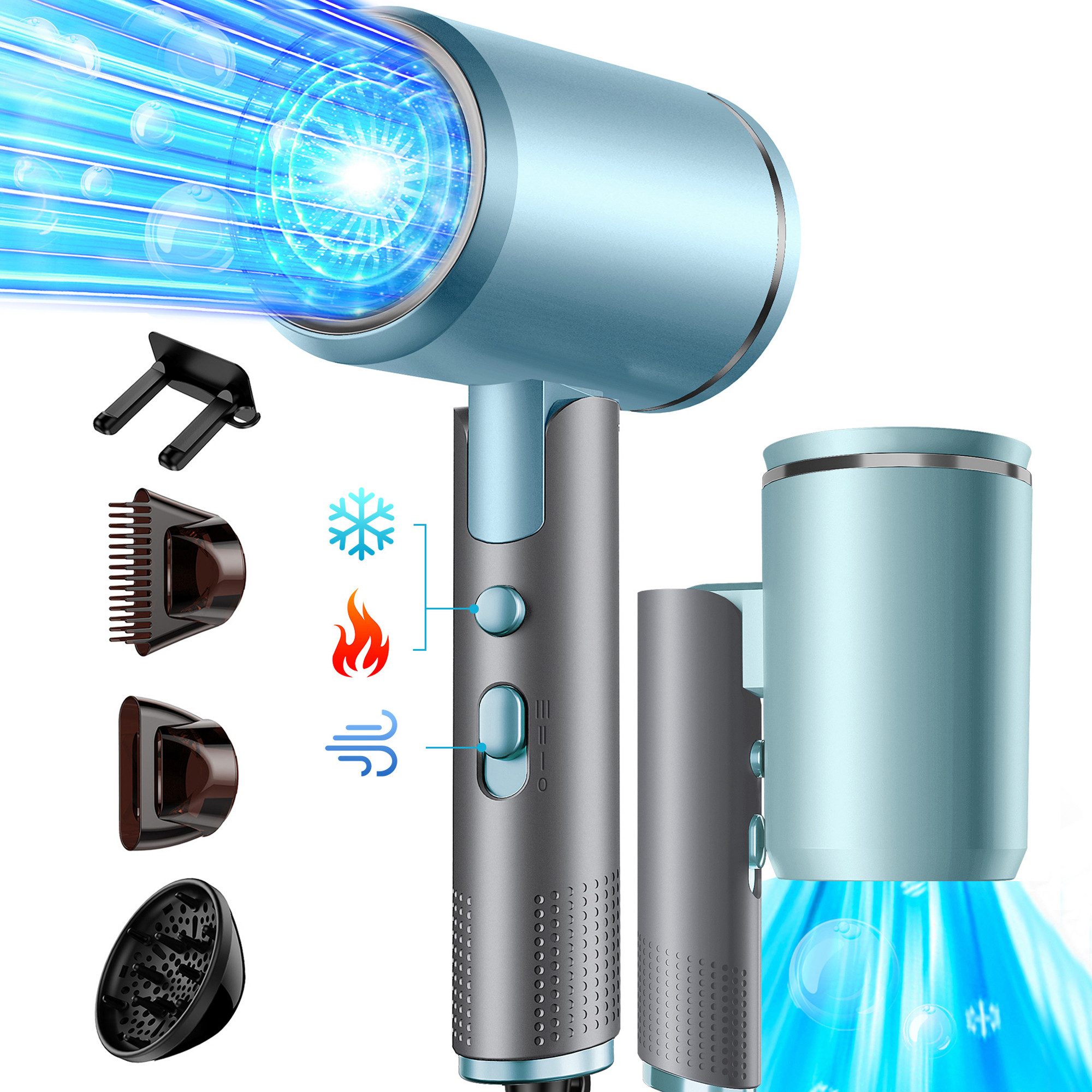 OYLCDI Фены Ionen,klappbar,Schnelltrocknen Hair Dryer,Elektrischer Фены, 2400 W, mit 3 Stylingdüsen & 6 Temperatureinstellungen,Klappbar Фены, Hairdryer Frisuren Zubehör Reisehaartrockner