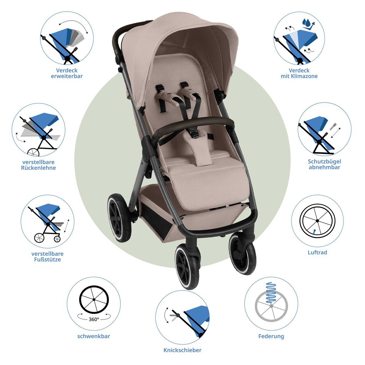 ABC Design Sportbuggy Avus 2 Air - Pure - Camel, Sportwagen mit Lufträdern, Liegefunktion & verstellbarem Schieber