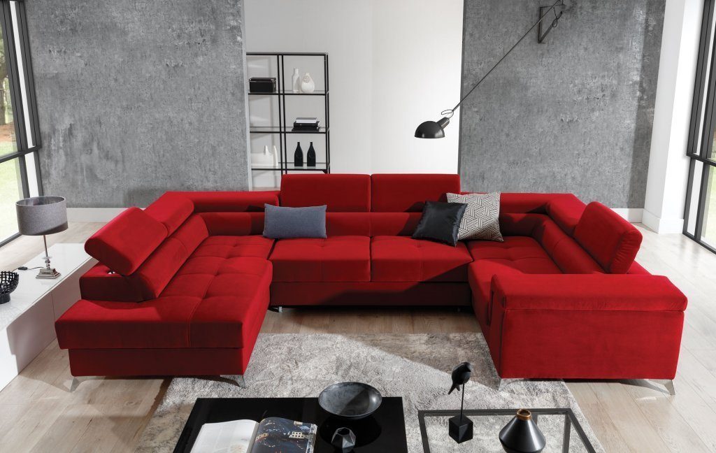 JVmoebel Ecksofa, Ecksofa U-Form Sofa Couch Design Polster Schlafsofa Bettfunktion Rot