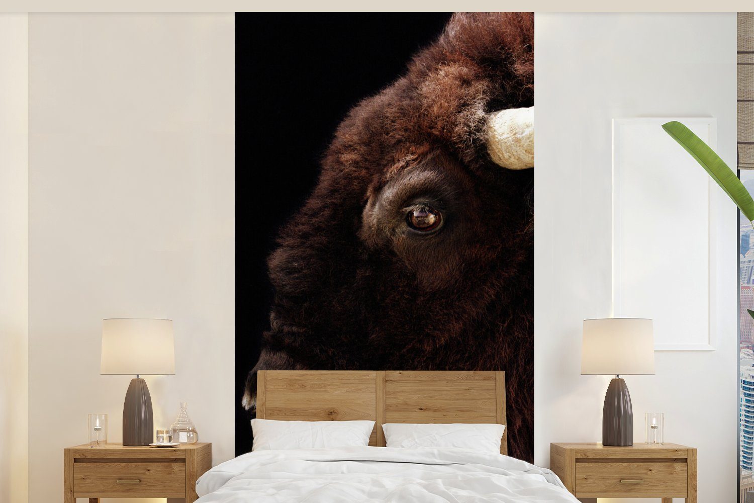 MuchoWow Fototapete Bison - Horn - Porträt, Matt, bedruckt, (2 St), Vliestapete für Wohnzimmer Schlafzimmer Küche, Fototapete