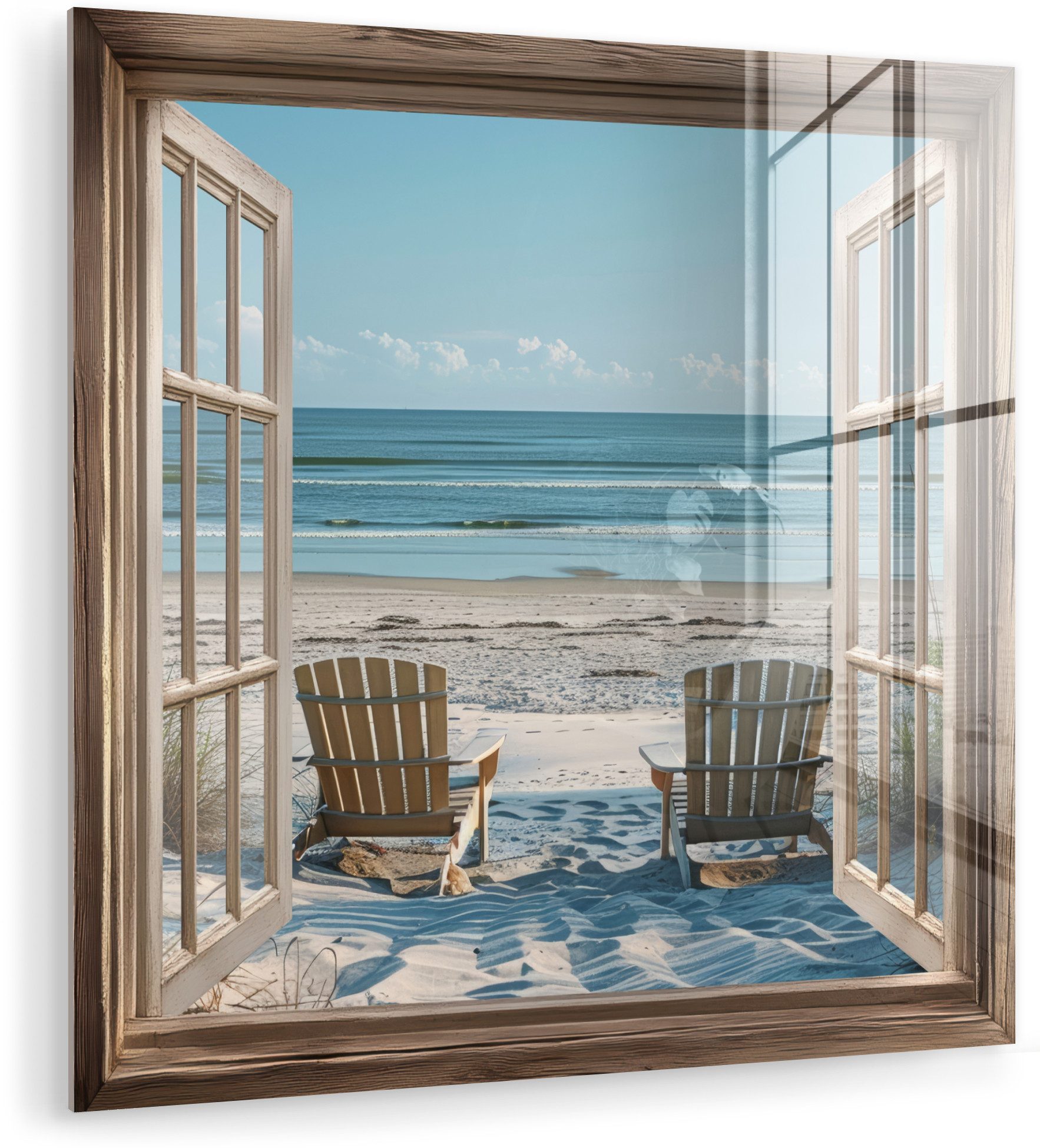 MuchoWow Acrylglasbild Fensterblick - Fenster - Strandkörbe - Dünen - Meer - Natur, Inkl. Aufhängung, Bilder auf Glas Wandbild, Wanddeko Wohnzimmer Badezimmer, 20x20 cm