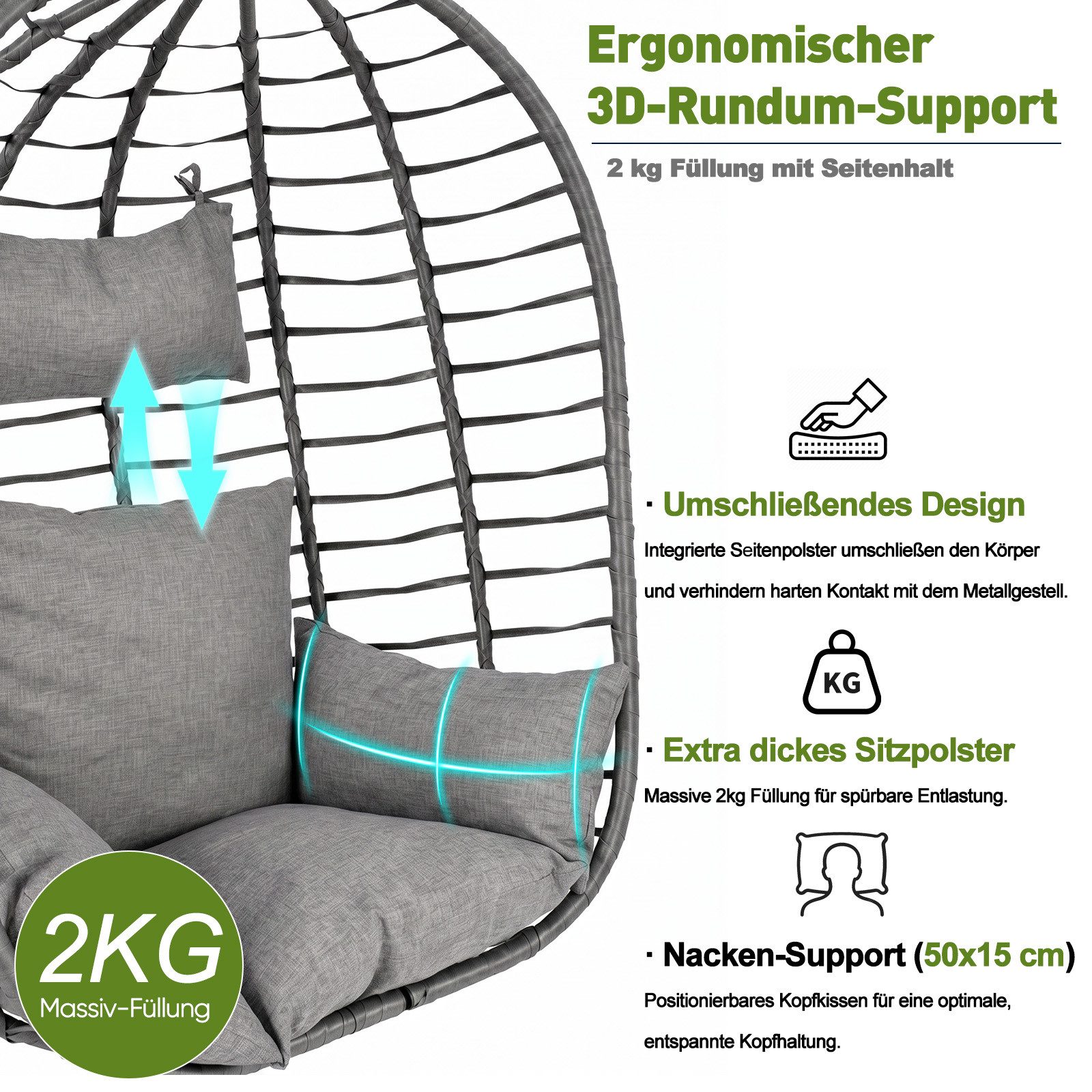 Sekey Hängesessel mit Gestell Hängekorb Sessel Rattan klappbarer Hängestuhl als Schaukel, Outdoor und Indoor Garten, Balkon bis 150 kg belastbar mit Kissen – Bild 4 von 5