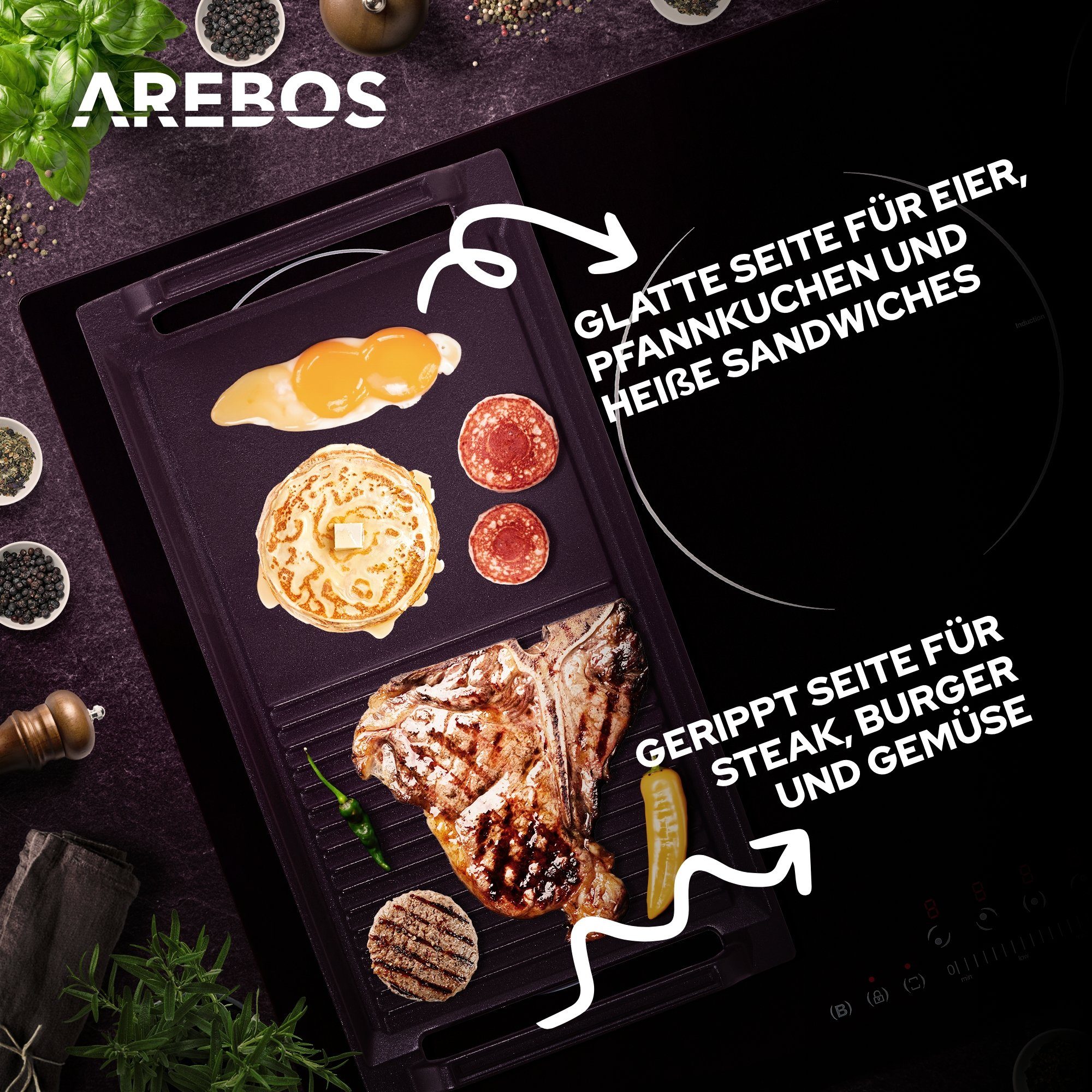 Arebos Grillplatte Grillpfanne Induktionsgrillplatte Gusseisen Bratpfanne BBQ – Bild 4 von 5