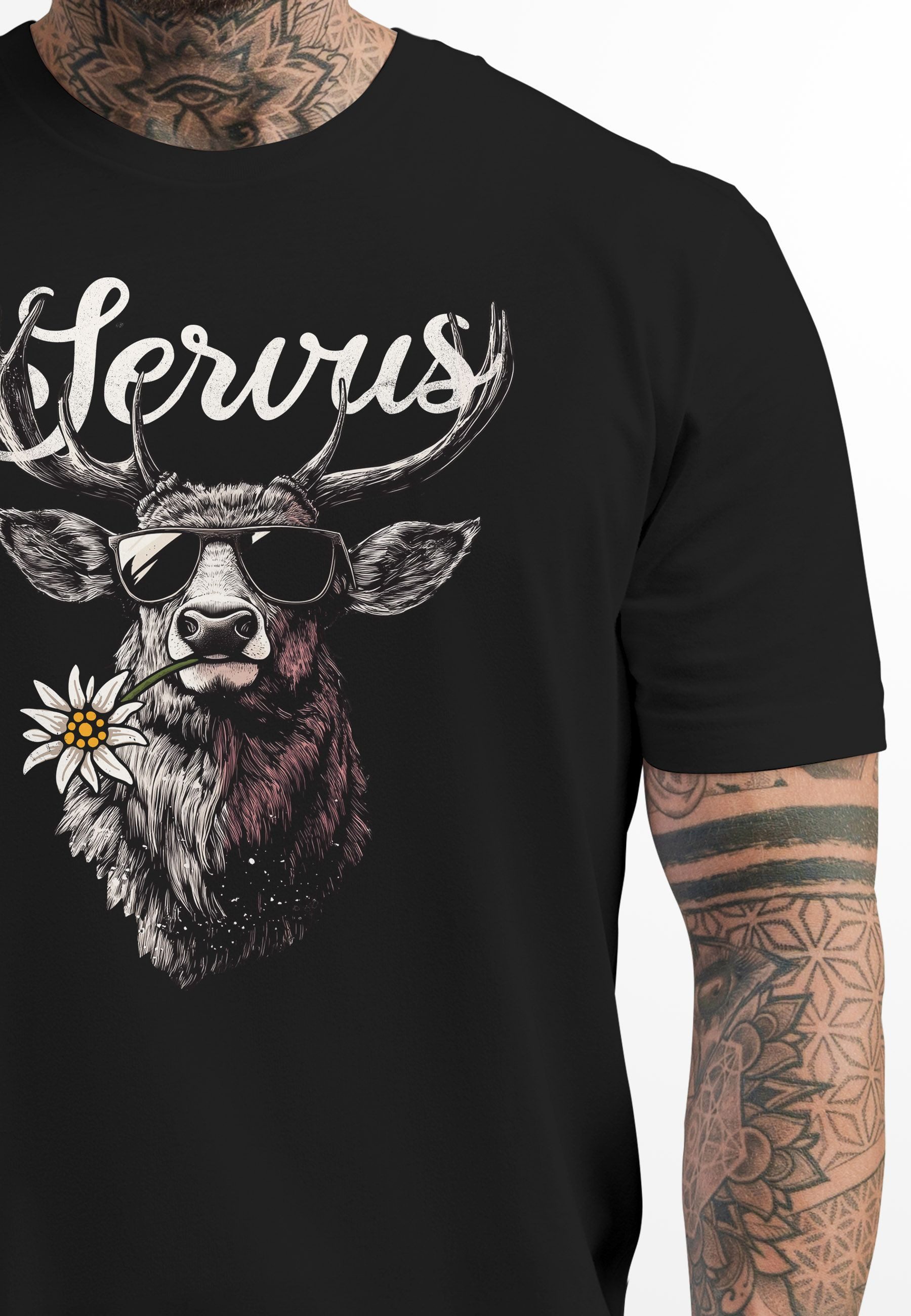 Neverless Print-Shirt Herren T-Shirt Hirsch Tracht Modern Lustig Volksfest Bayern Servus mit Print
