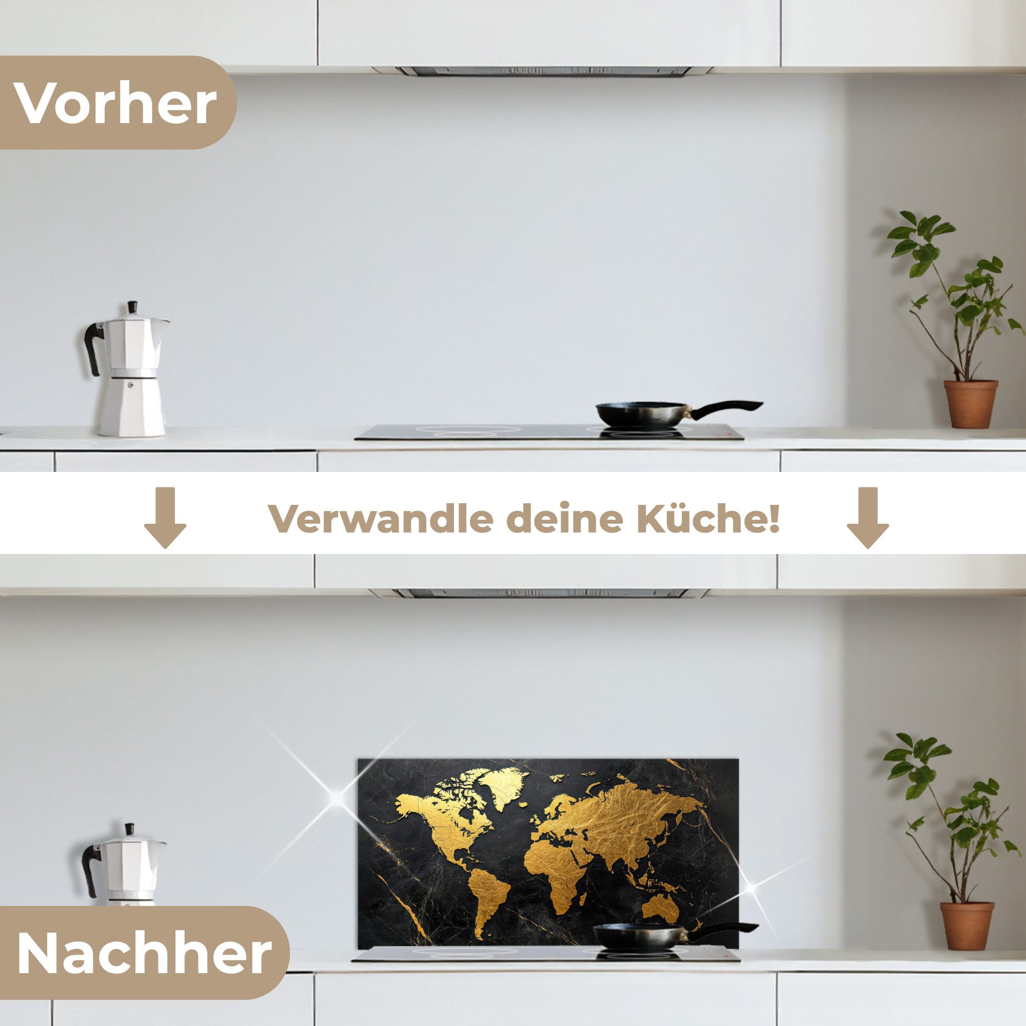 KitchenYeah Küchenrückwand selbstklebend (keine Folie) Weltkarte - Gold - Marmor, (1-tlg), Küchenrückwand, Spritzschutz, Kitchen, 60x30 cm – Bild 4 von 5
