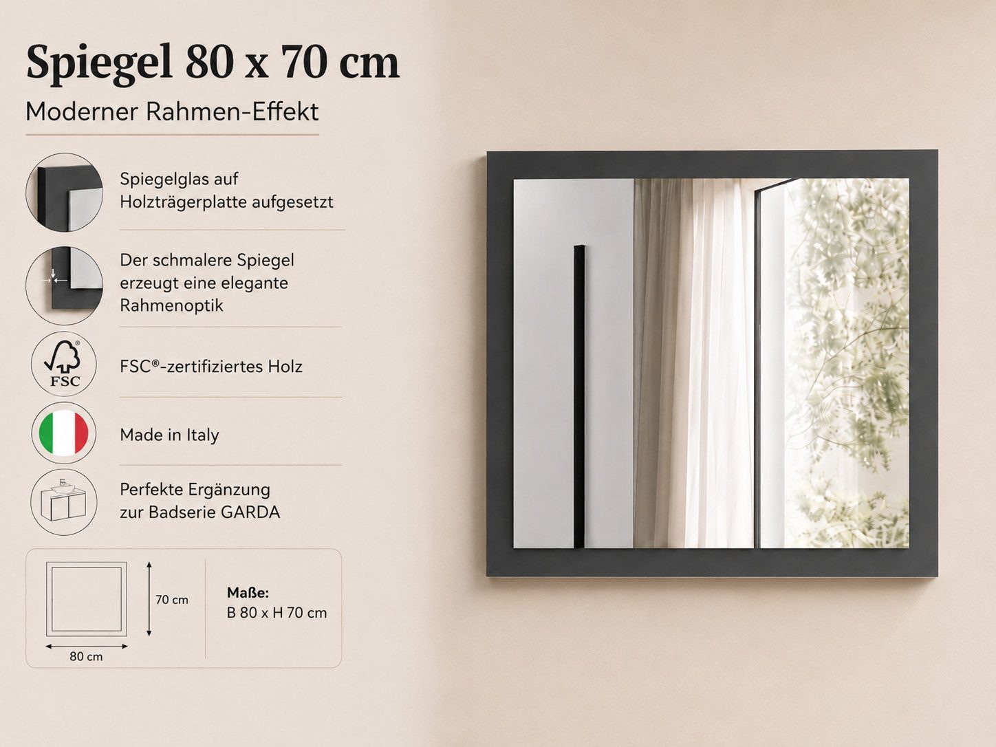 welltime Badspiegel Garda, Waschbeckenunterschrank,Breite 80 cm,Waschtisch (1-St), Breite 80 cm- Passend zur Serie Garda