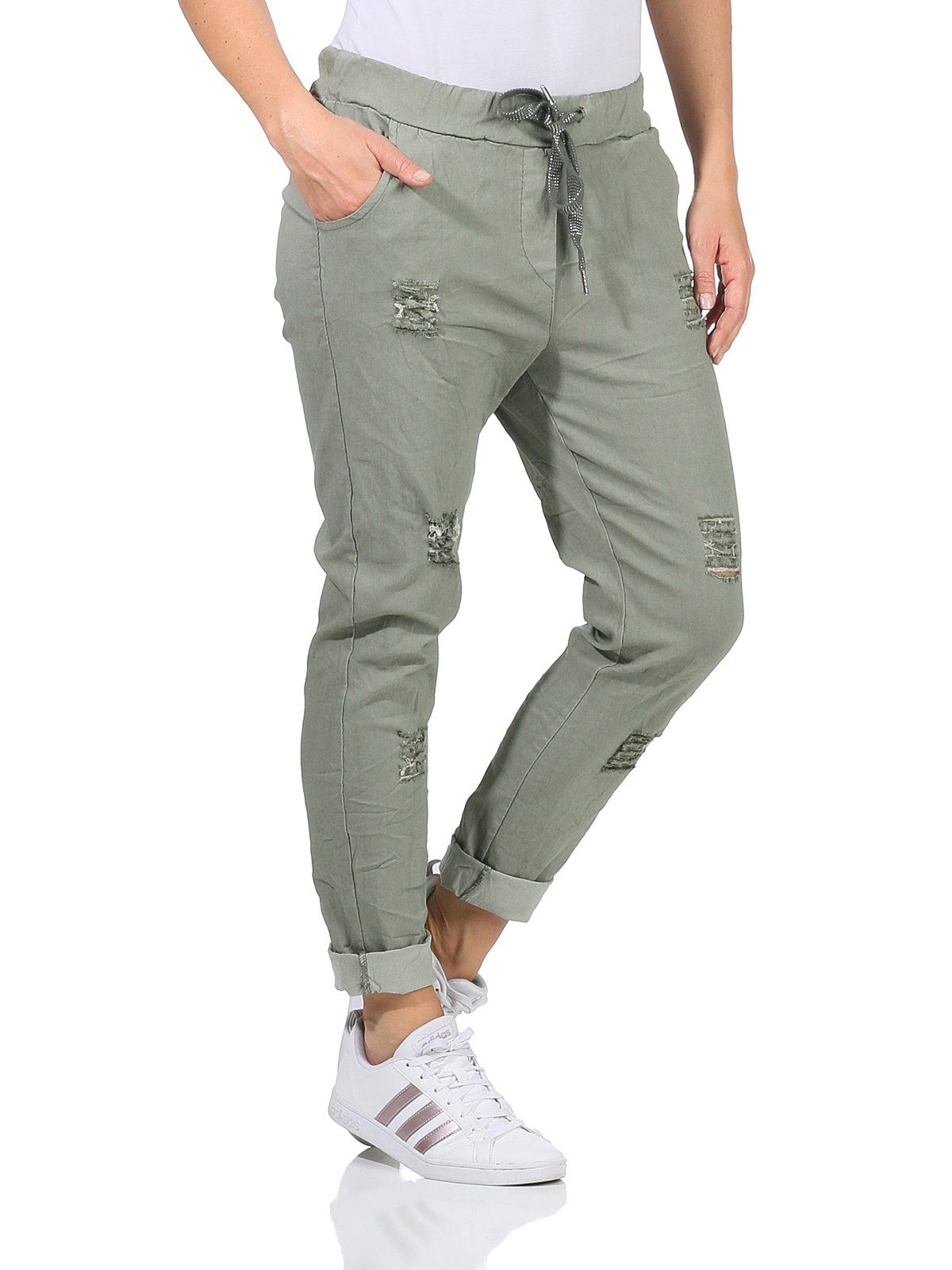 Aurela Damenmode Chinohose Sommerliche Damenhose mit Kordelzug Chino Hose im Used Look (1-tlg) Schnürung, Taschen, elastischer Gummibund mit Kordelzug Khaki