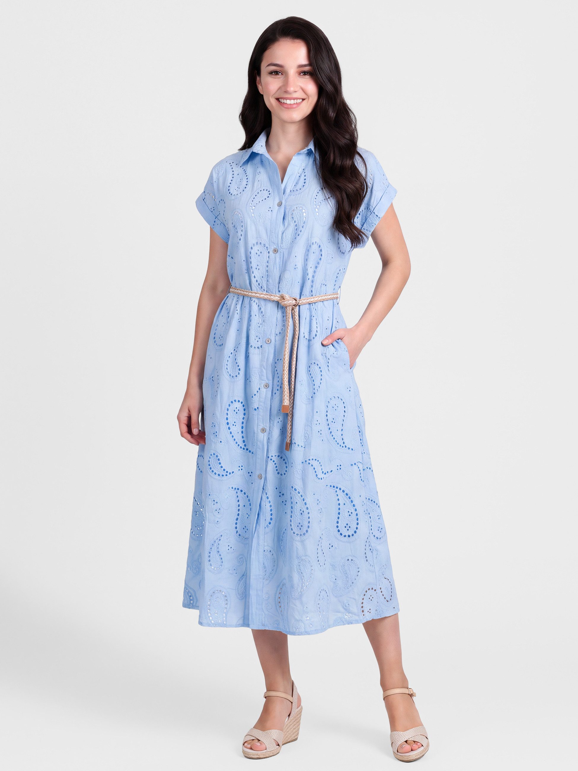 PEKIVESSA Sommerkleid Hemdblusenkleid mit Lochstickerei und Gürtel in Midilänge
