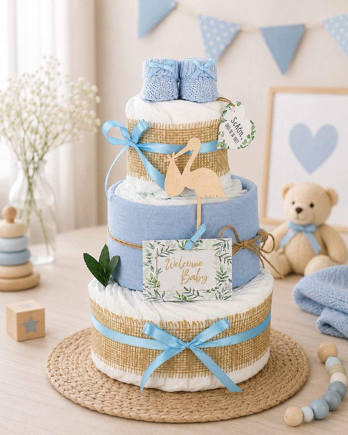 Neugeborenen-Geschenkset Windeltorte Storch, zur Geburt