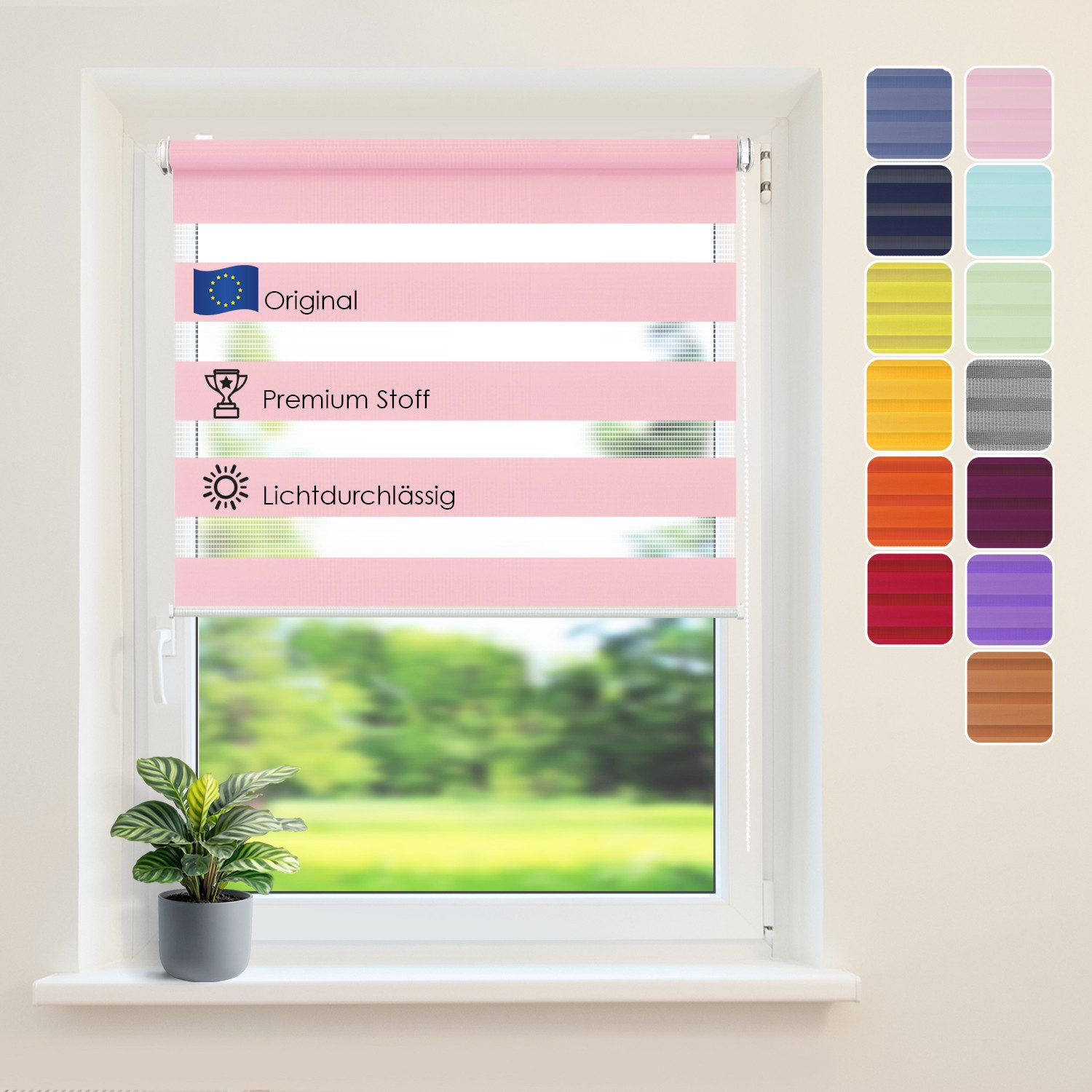 Doppelrollo Klemmfix ohne Bohren, Tag-Nacht-Rollo mit Sichtschutz, Rose, DomDeco, Klemm- oder Schraubmontage, Klemmbar, Kettenzug, ohne Bohren, Sicht- und Blendschutz