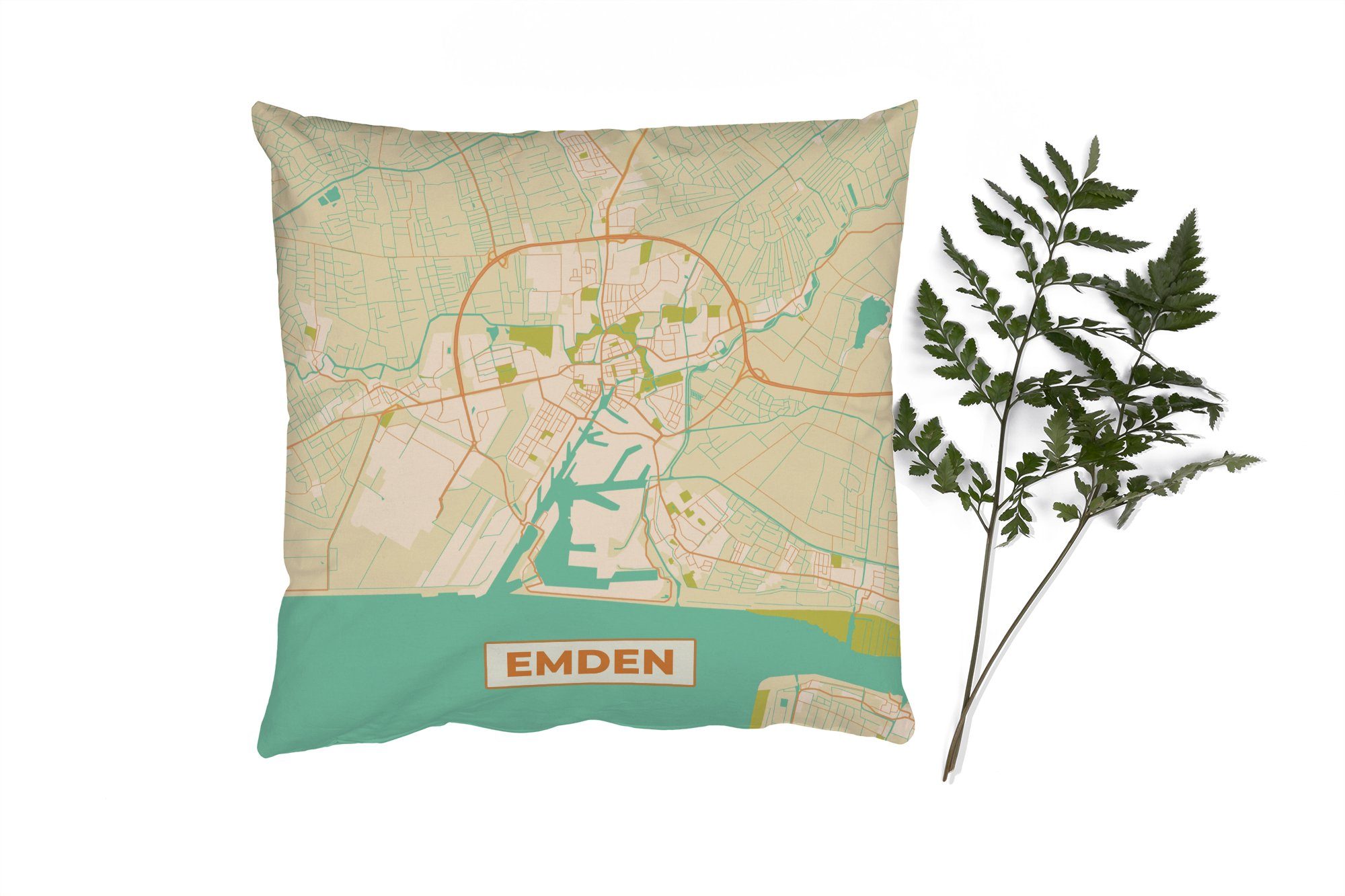 - Emden Dekokissen Vintage, - Karte MuchoWow Deko, Stadtplan - Füllung Zierkissen Sofakissen - Karte für Wohzimmer, mit Schlafzimmer,