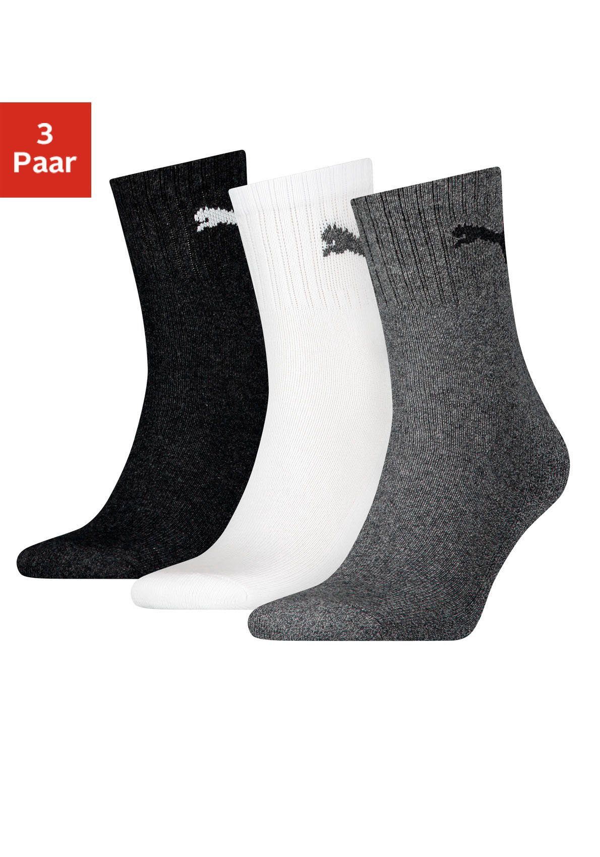 PUMA Sportsocken Rippe grau-meliert 1x short schwarz, weiß, crew mit (3-Paar) 1x klassischer 1x