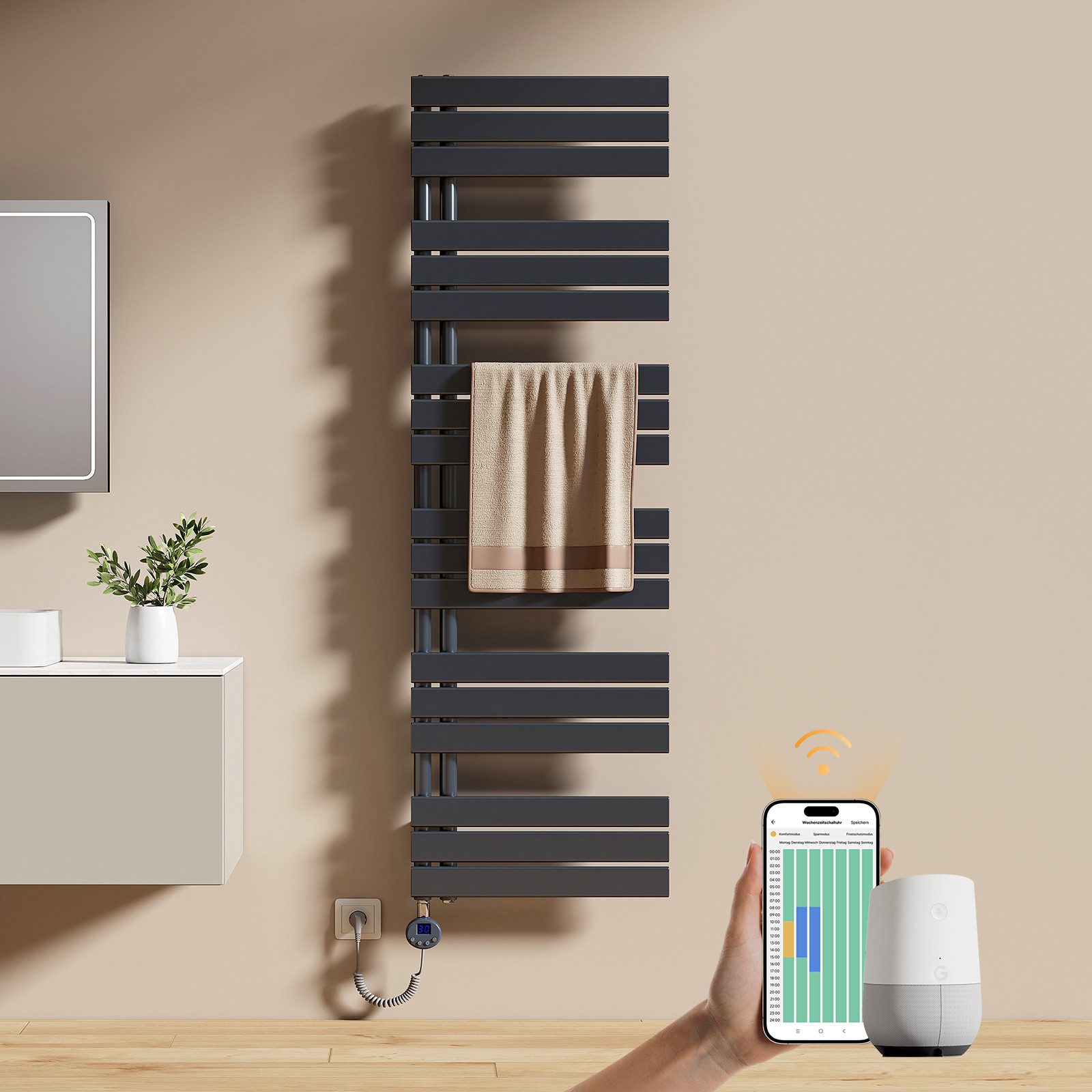 EMKE Elektrischer Badheizkörper Handtuchheizkörper mit Heizstab Wandheizung Seitenanschluss, Anthrazit 4 Heizmodi, IPX4, Kindersicherung 400W~1000W