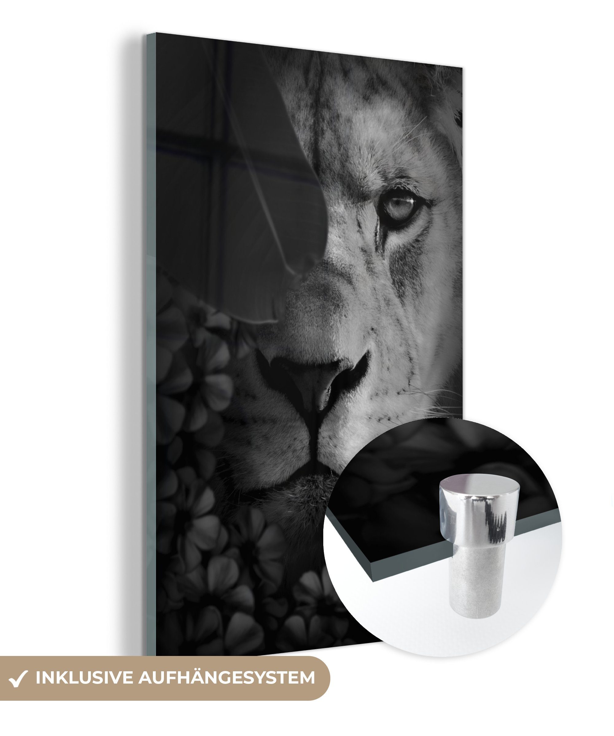 MuchoWow Acrylglasbild Nahaufnahme eines Löwen im Dschungel - schwarz und weiß, (1 St), Glasbilder - Bilder auf Glas Wandbild - Foto auf Glas - Wanddekoration bunt