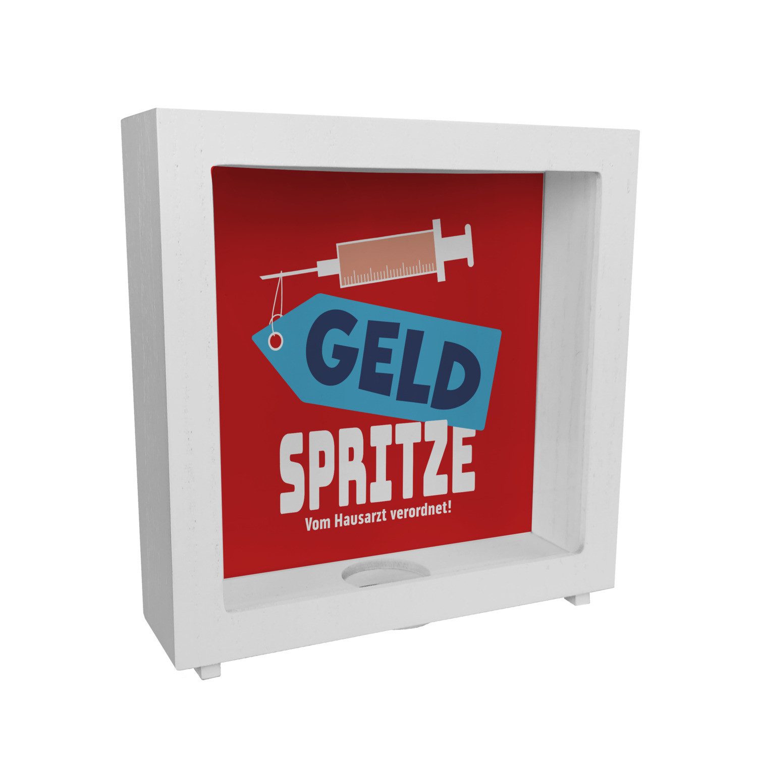Spardose Geldgeschenk Rahmen Spardose aus Holz mit Geldspritze Motiv in {Rot}