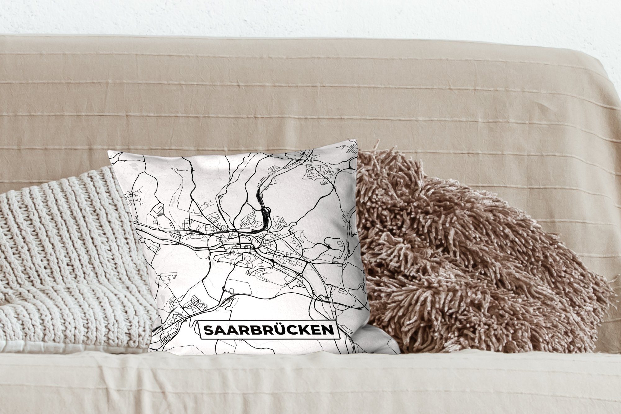 Saarbrücken MuchoWow - Karte mit Stadtplan, Schlafzimmer, Füllung Dekokissen - Karte Zierkissen - für Sofakissen Deko, Wohzimmer,
