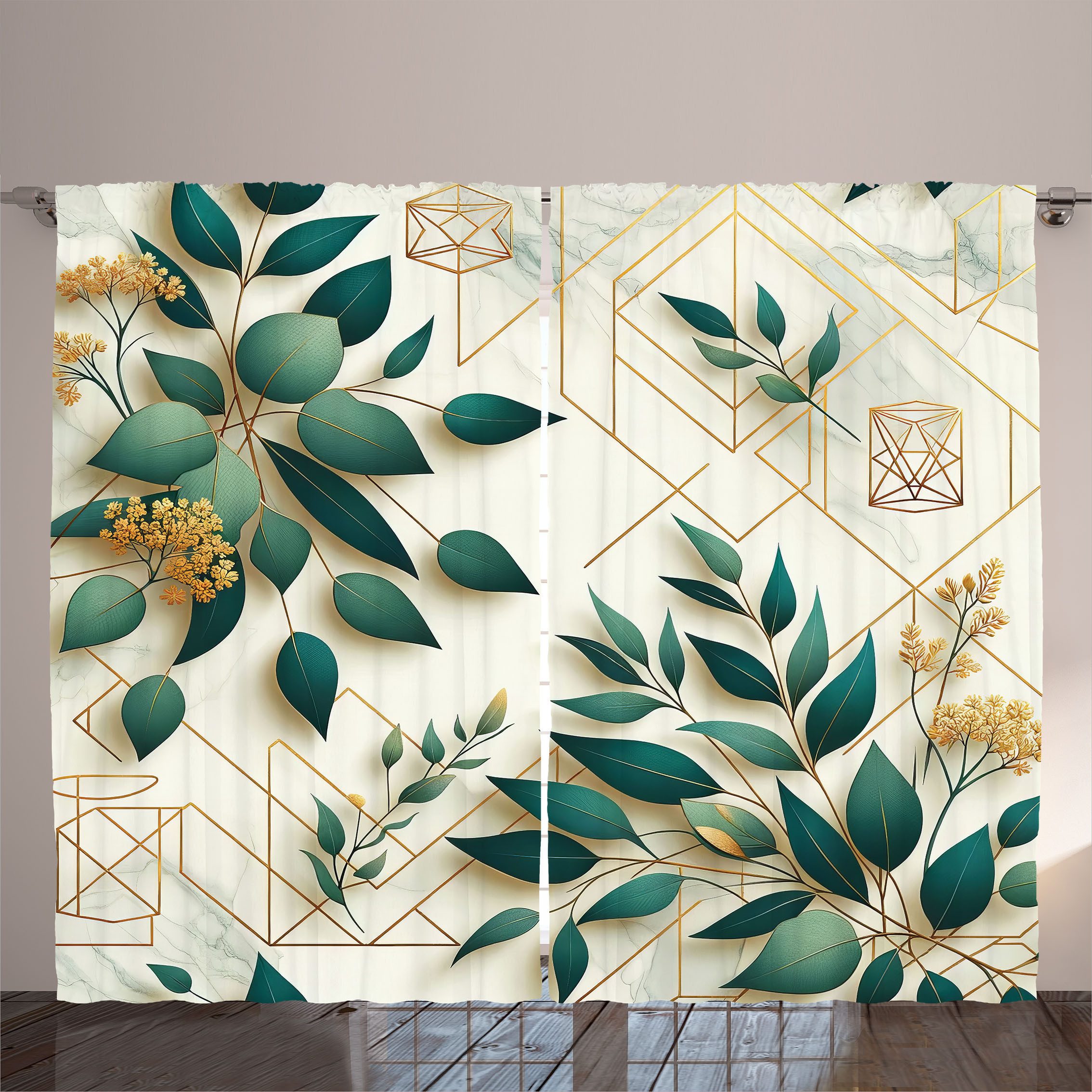 Gardine Schlafzimmer Kräuselband Vorhang mit Schlaufen und Haken, Abakuhaus, Eukalyptusblätter Moderne polygonale Herbstblüten Blattkunst