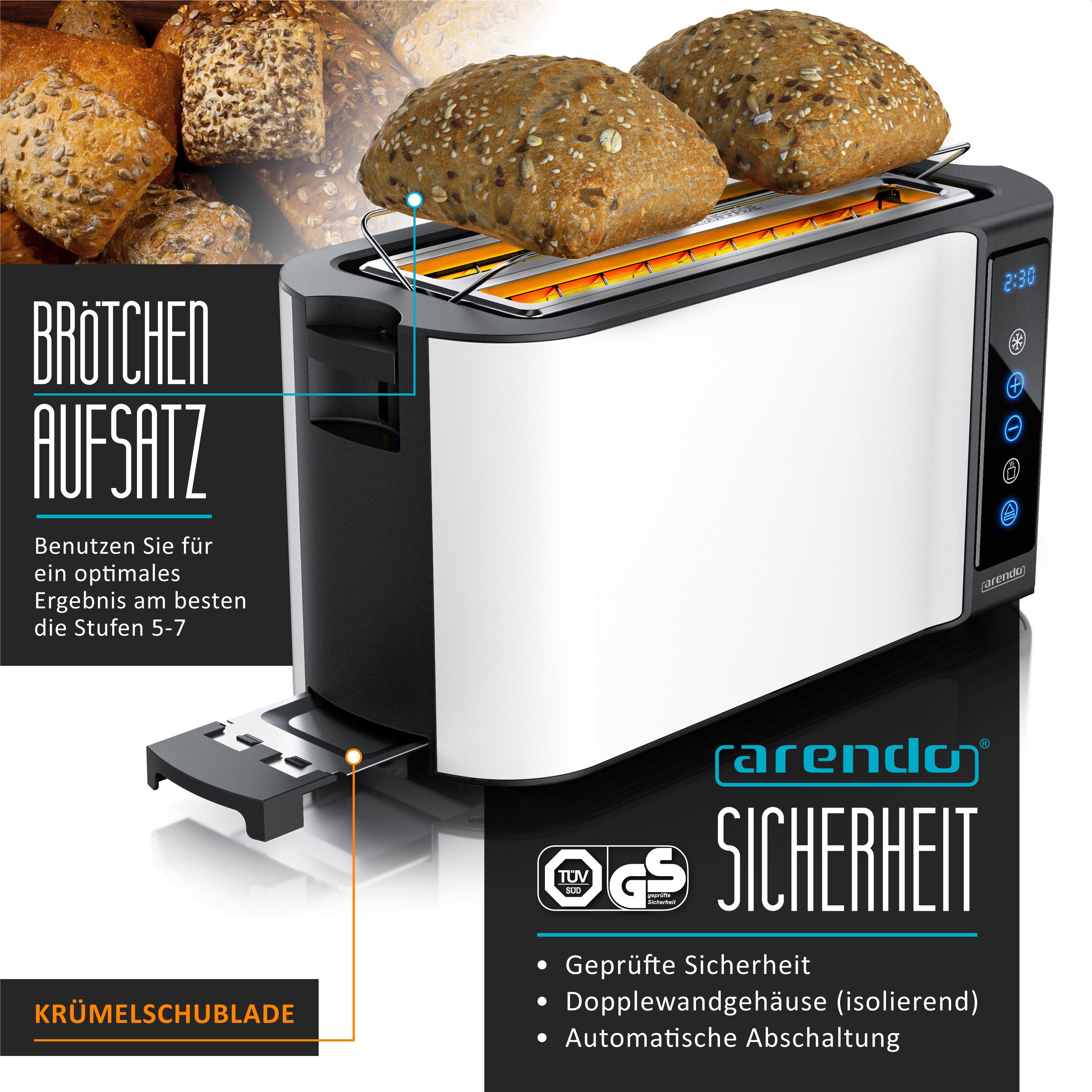 Arendo Toaster 4-Scheiben, Wärmeisoliertes Doppelwandgehäuse, Display Restzeitanzeige, 2 lange Schlitze, für 4 Scheiben, 1500 W, Langschlitz, Brötchenaufsatz, Brotscheibenzentrierung, Touchpanel
