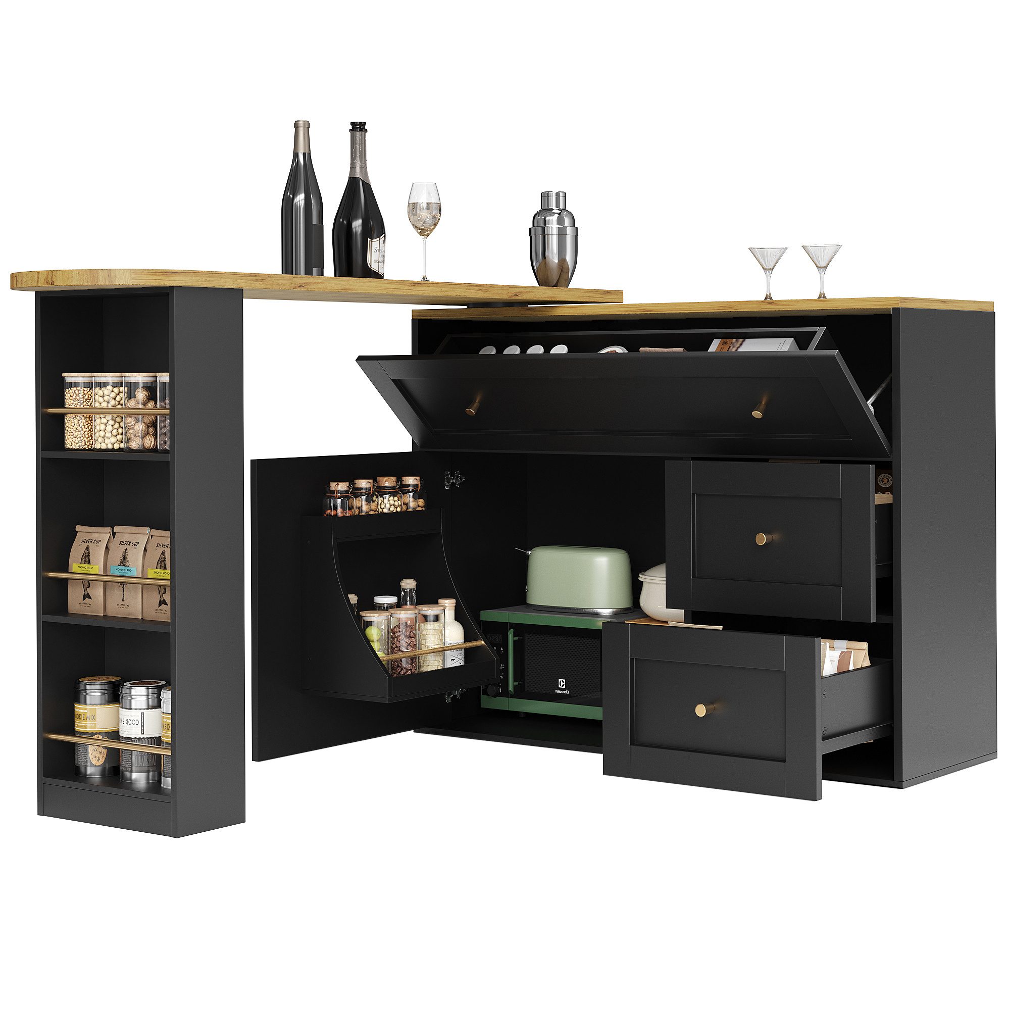 i@home Bartisch Ausziehbarer Küchenschrank, Sideboard mit Stauraum(138-204×39×105cm), Kücheninsel mit Snackregal, Stehtisch Bistrotisch, schwarz/weiß