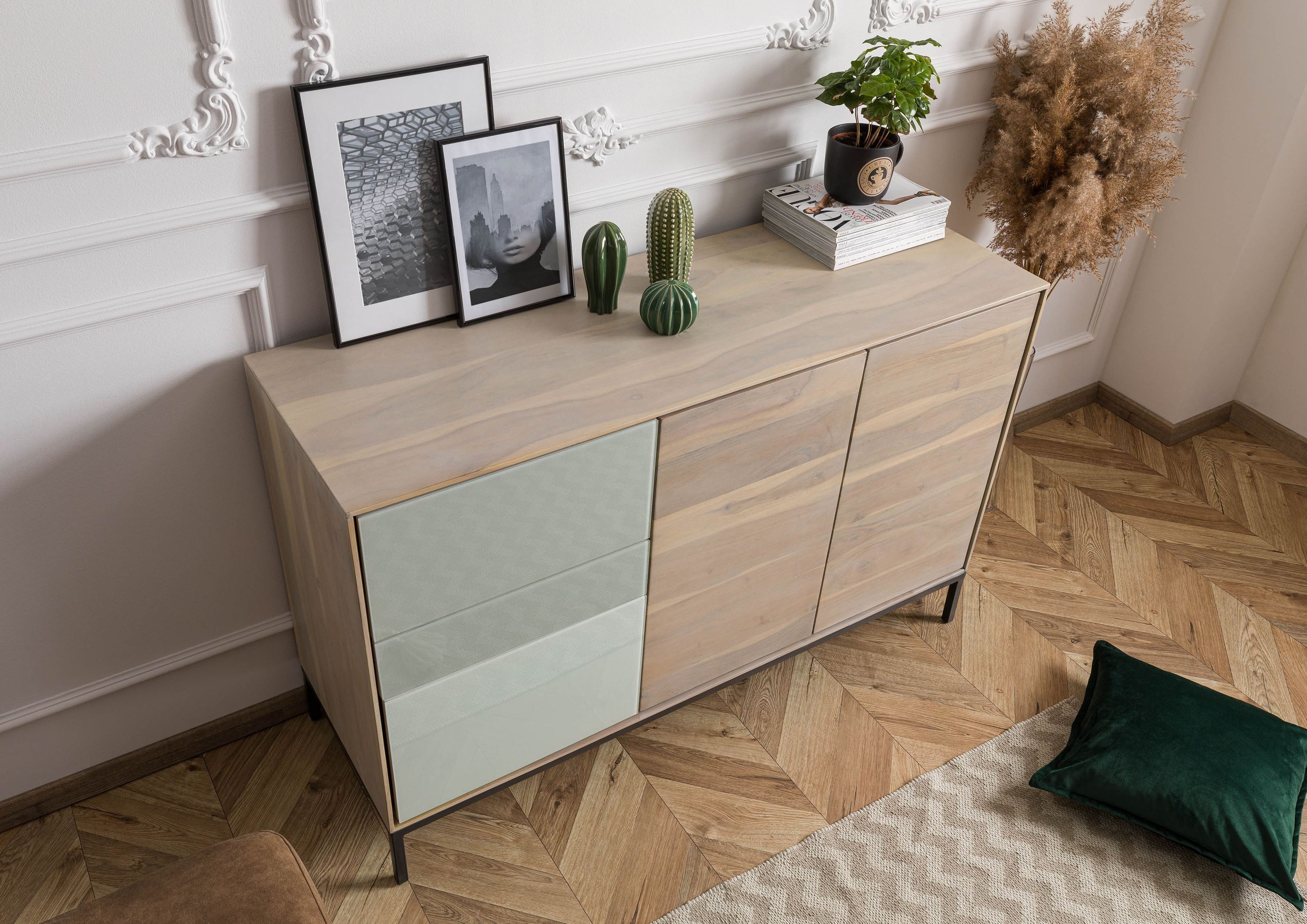 Massivmoebel24 Kommode CHICAGO (Massivholz), Kommode Akazie 134x45x85 grau-weiß geölt CHICAGO #07