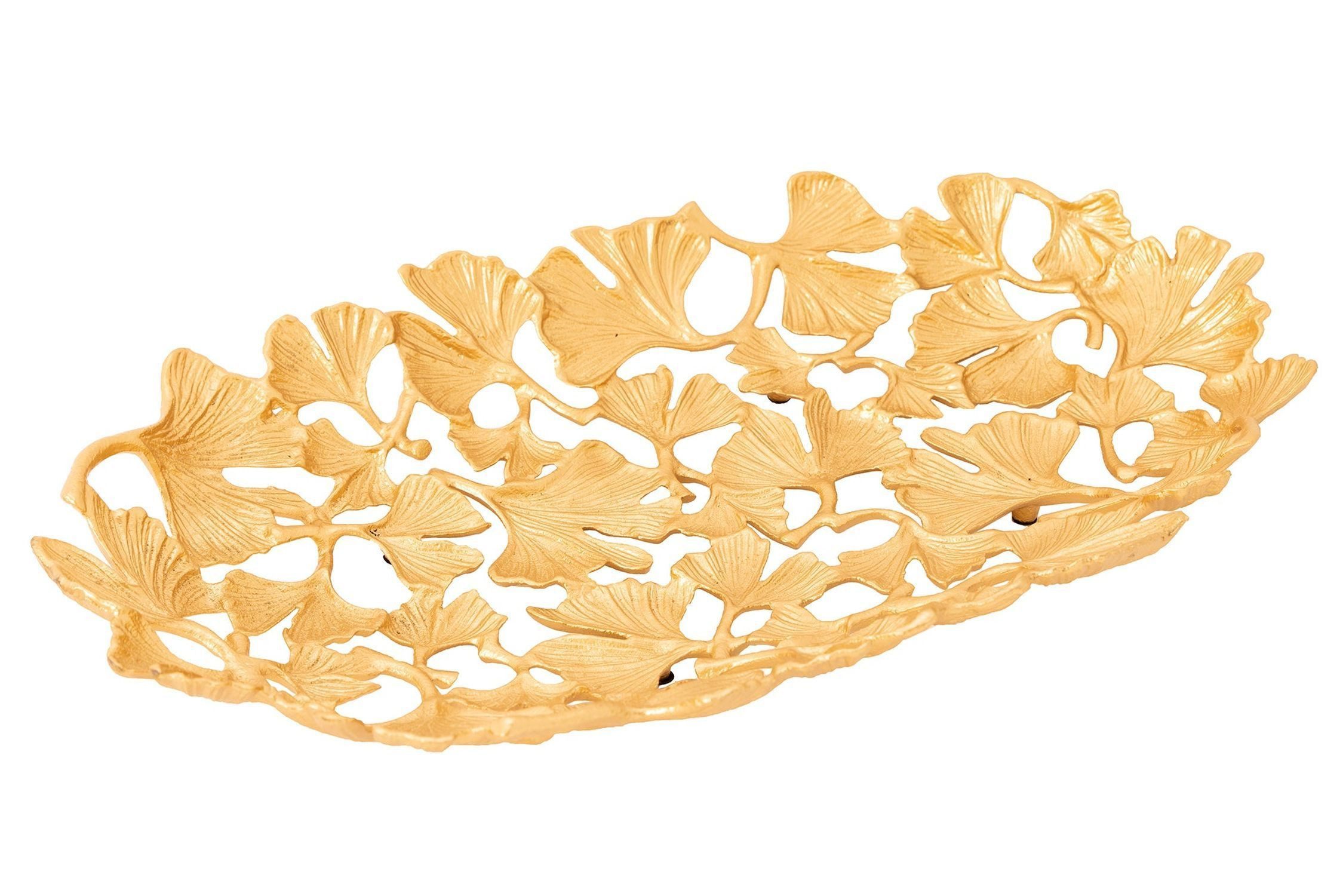 Licht-Erlebnisse Dekoschale DANIEL, Gold Handarbeit 40 cm lang Ginko Blatt Design Asiatisch Metall Schale