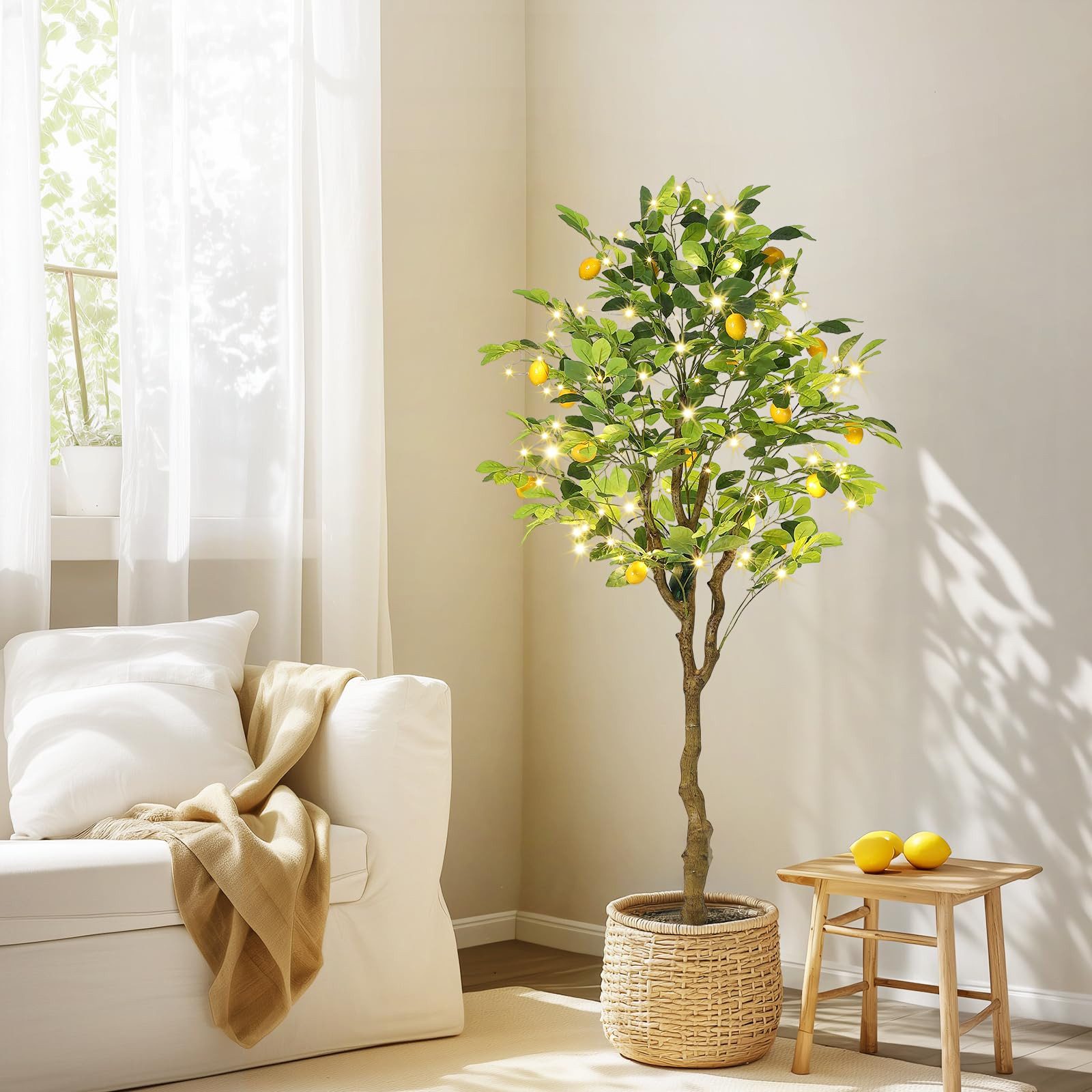 Kunstbaum Künstliche Zimmerpflanze Künstlicher Zitronenbaum mit LED-Beleuchtung, GarveeMore, Höhe 150 cm, 150 cm mit Früchten, Blättern, Stamm für Wohnzimmer, Büro oder Balkon