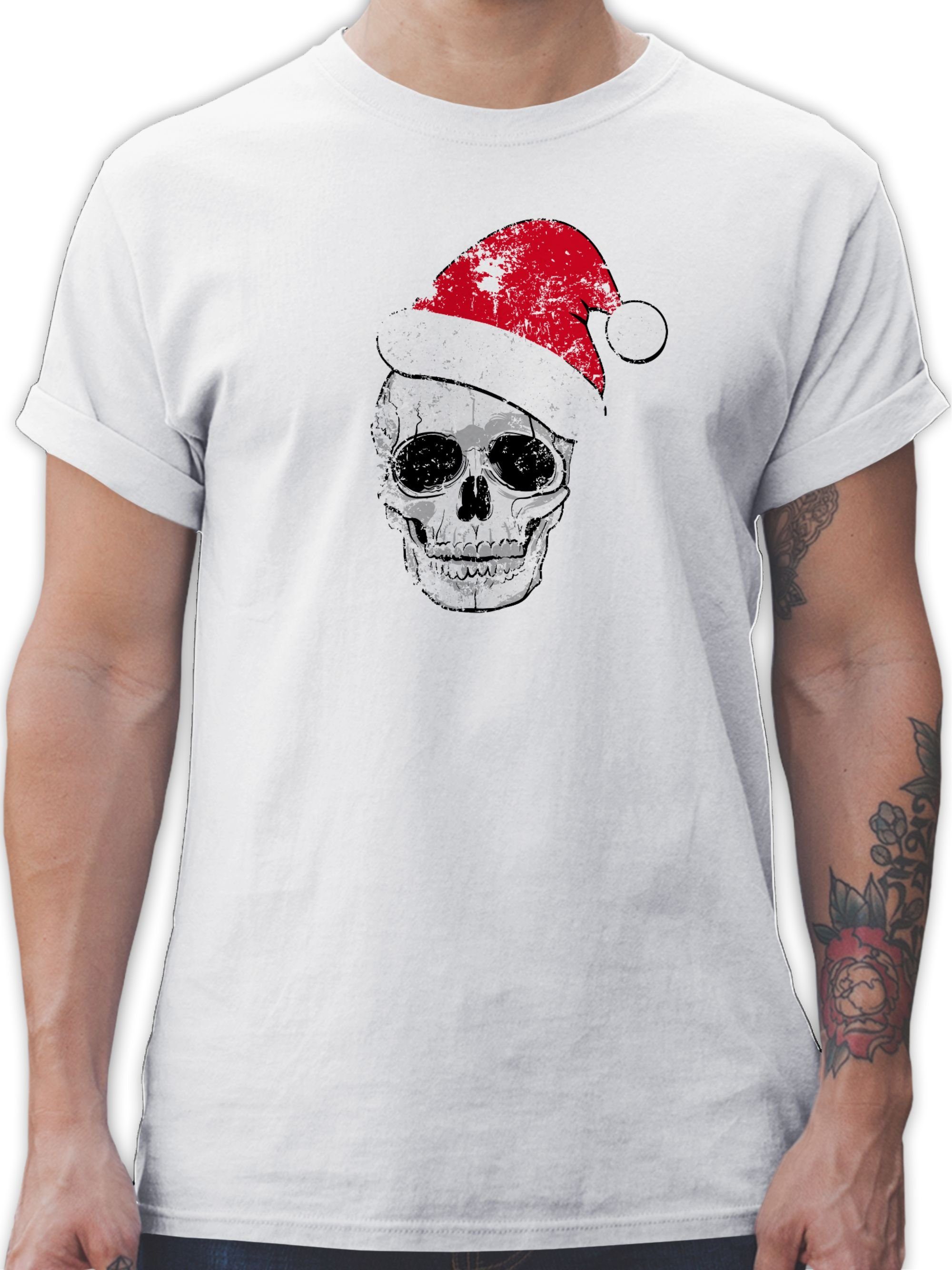 Shirtracer T-Shirt Totenkopf Weihnachtsmütze Vintage Weihachten Kleidung 03 Weiß