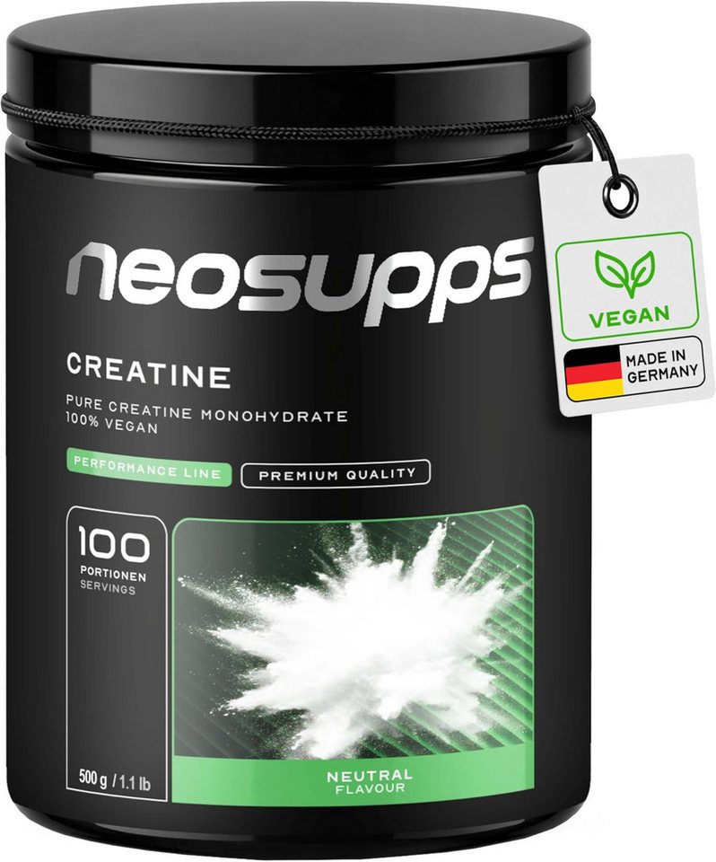 Neosupps Creatin Monohydrat Pulver 500g, 100 % reines Kreatin ohne Zusatzstoffe Pulver, 500 g, Ideal für Schnellkrafttraining & körperliche Leistung im Sport, Vegan