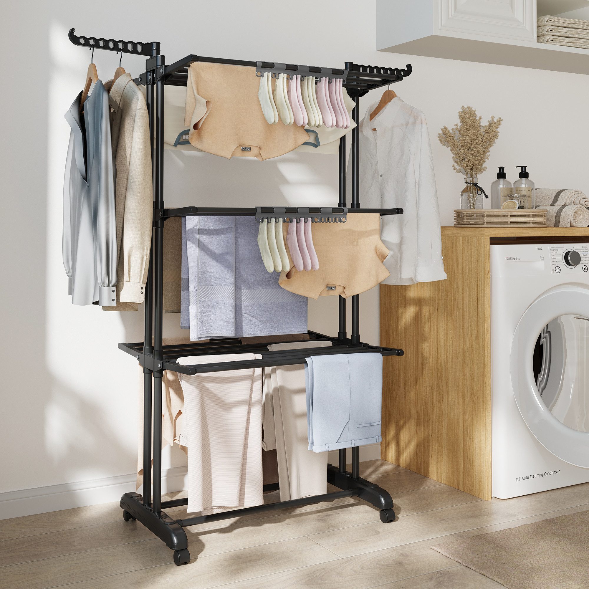 SONGMICS Wäscheständer Turm Standtrockner 4 Ebenen, Flügelwäscheständer, einfacher Aufbau, klappbare Flügel, mit Rollen, 63,5 x 125,5 x 173 cm – Bild 3 von 5