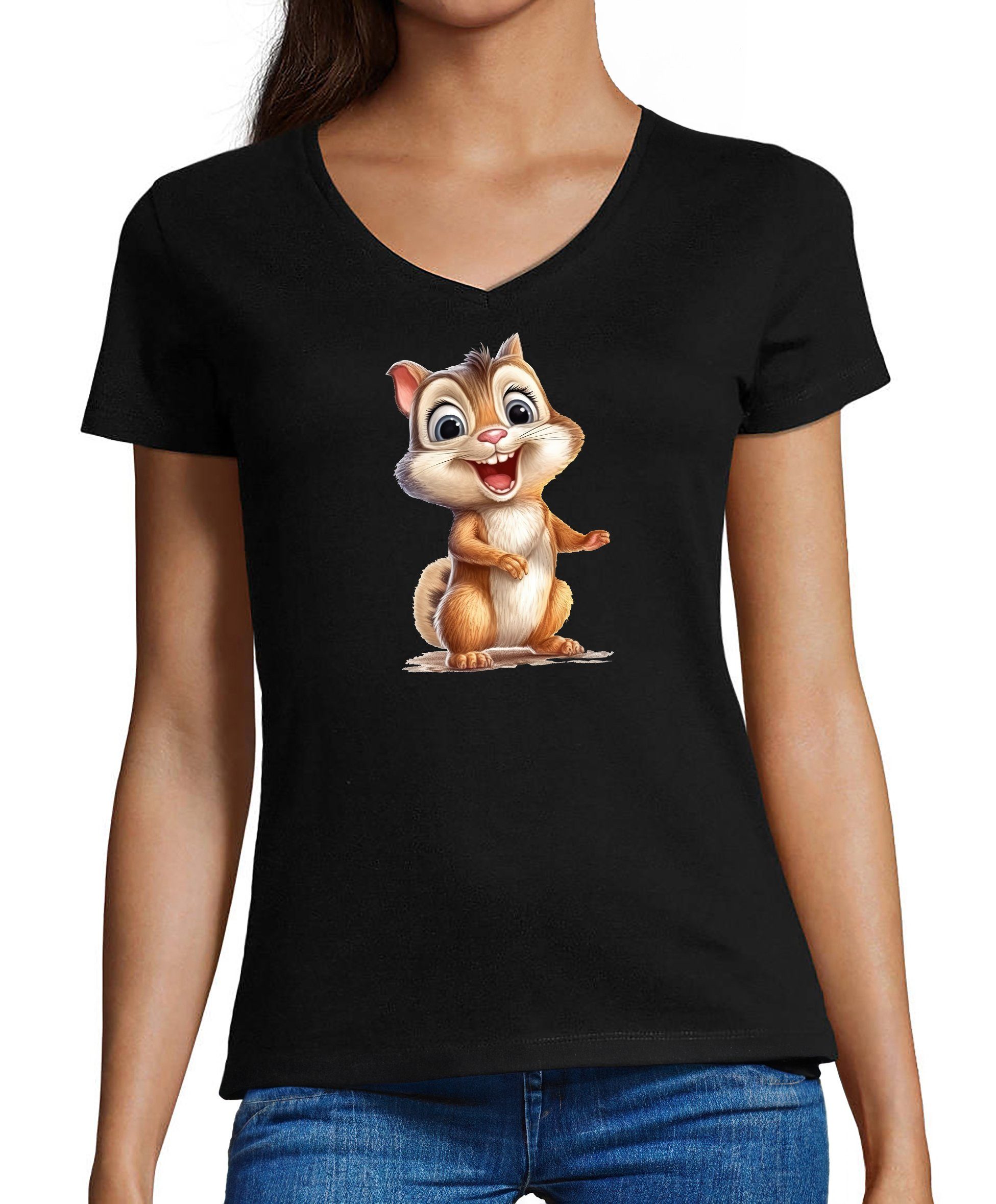 MyDesign24 T-Shirt Damen Wildtier Print Shirt - Baby Eichhörnchen V-Ausschnitt Baumwollshirt mit Aufdruck Slim Fit, i262 schwarz