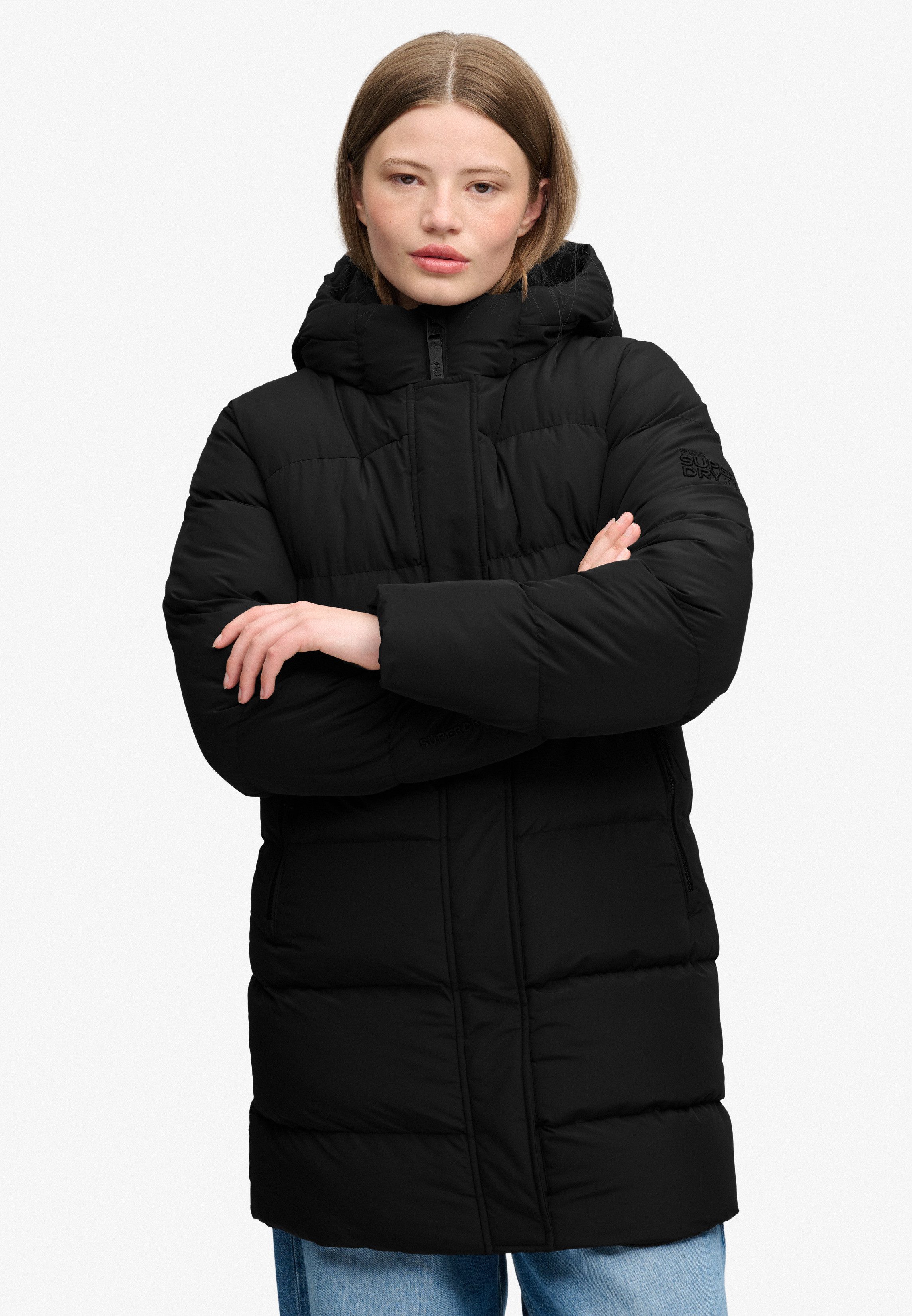 Superdry Steppjacke HOODED SPORTS PUFFER MID JKT Kunstfaser, relaxed fit