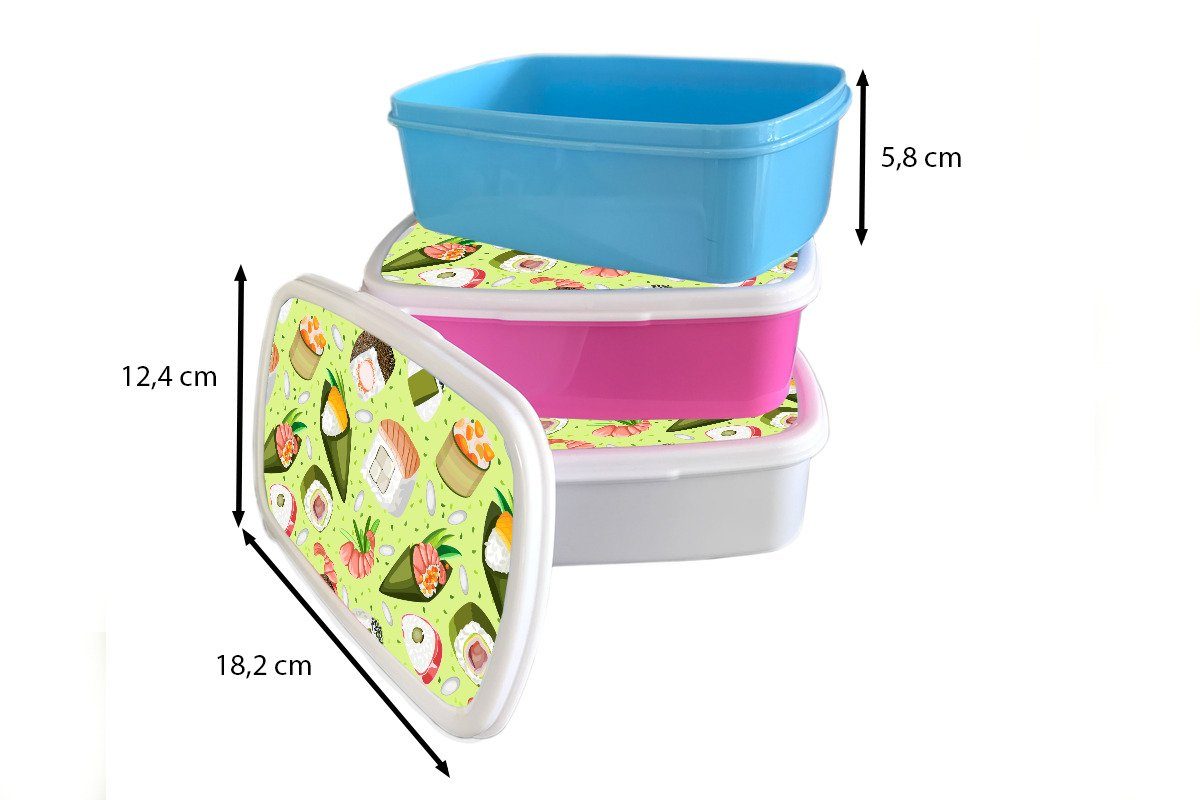 Lunchbox Jungs Japan Brotdose, Muster und MuchoWow - Kunststoff, weiß Grün, Kinder - und (2-tlg), Mädchen Erwachsene, Sushi für für Brotbox -