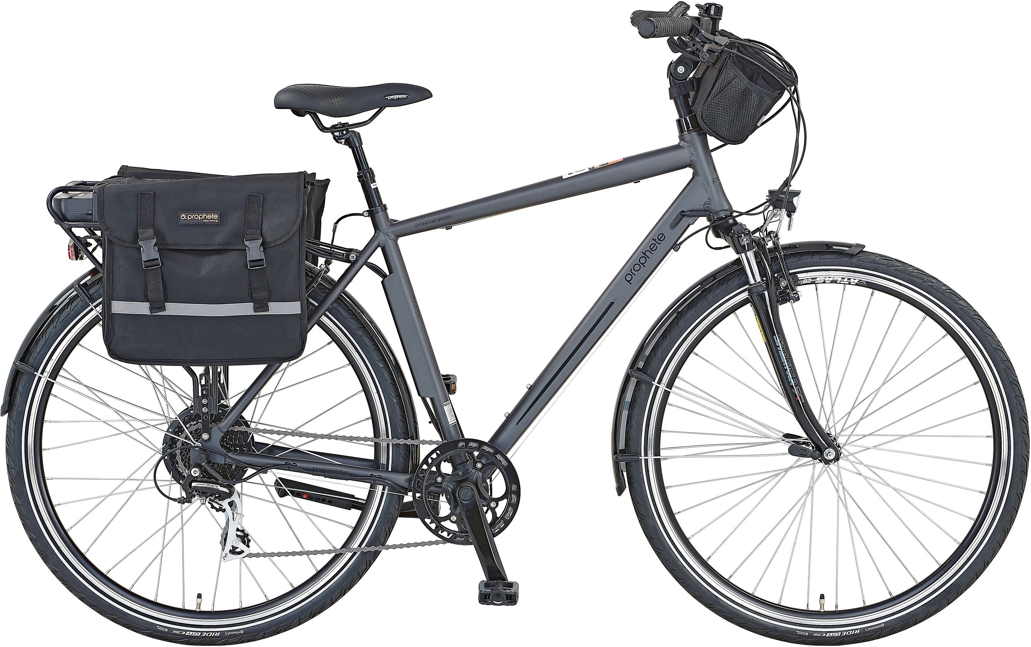 Prophete E-Bike Entdecker e9000, 8 Gang Shimano Acera Schaltwerk,  Kettenschaltung, Heckmotor 250 W, (mit Lenkertaschen, mit Seitentasche)