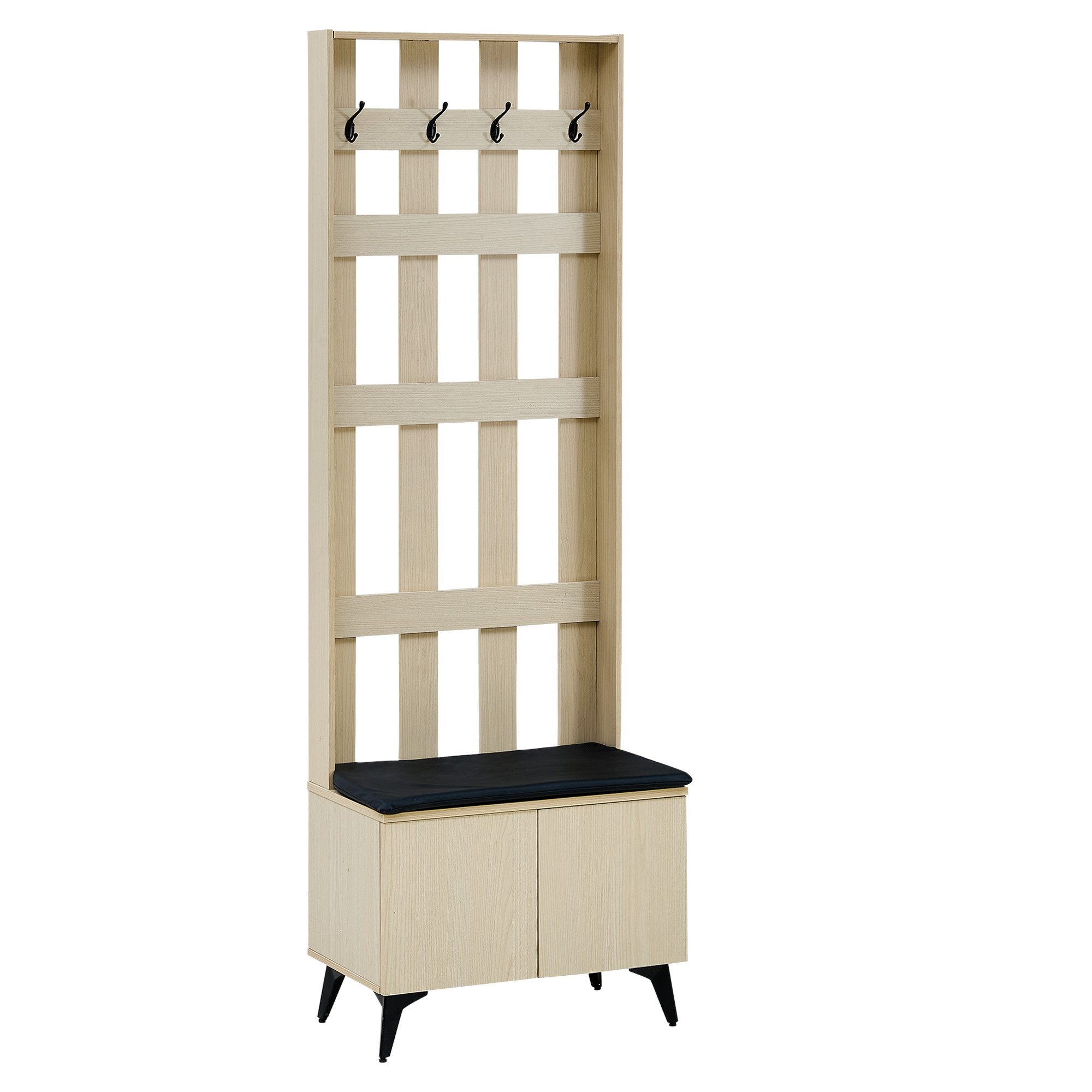 Merax Garderobe mit Sitzbank und 4 Kleiderhaken (Holzmaserung, 1 St., 179,5 × 60 × 35 cm), Kleiderschrank mit Stauraum, Flurmöbel mit schwarzen Stahlbeinen