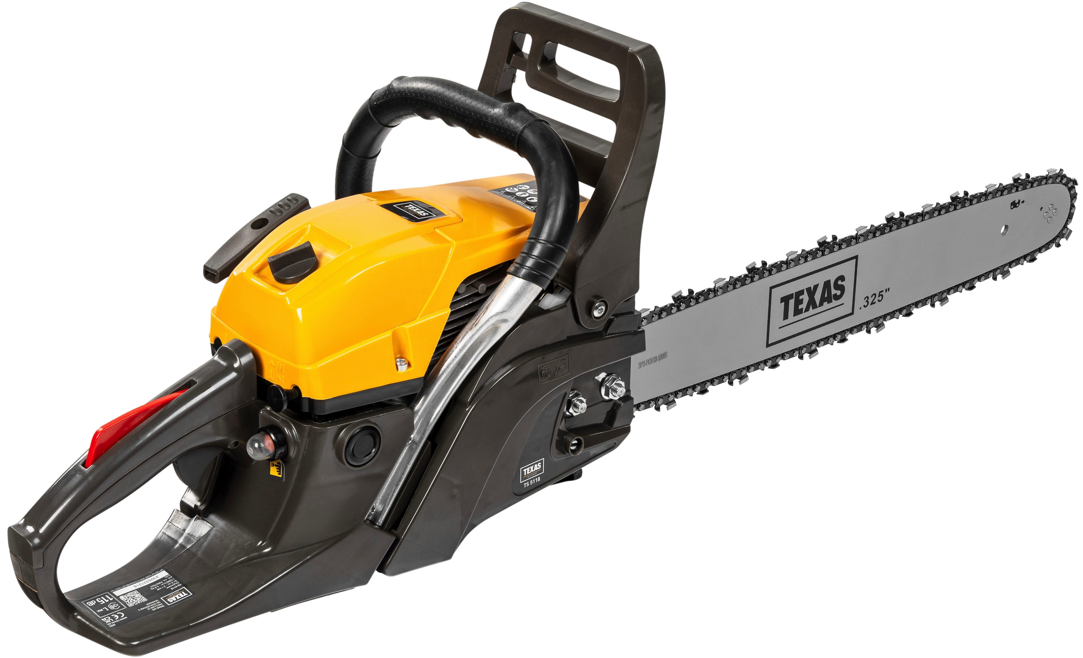 Texas Benzin-Kettensäge TS5118, 45 cm Schwertlänge, inkl. Extra Kette, Schutzbrille, Kettenöl und Gehörschutz