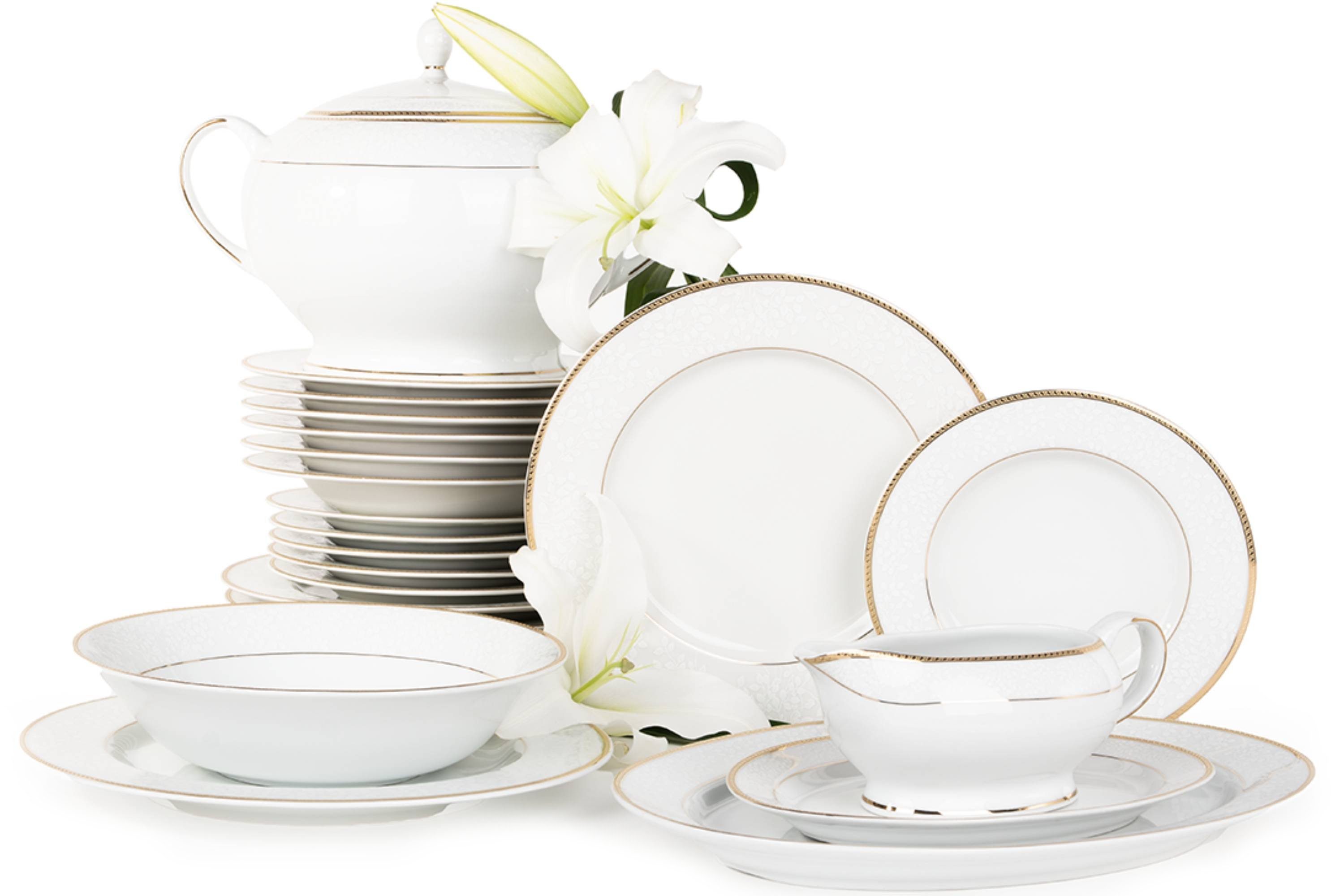 KONSIMO® Kombiservice NEW HOLLIS Tafelservice Terrine Servierplatten Sauciere (24-tlg), 6 Personen, Porzellan, Klassisch-Stil