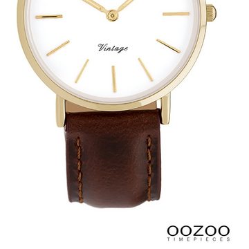 OOZOO Quarzuhr Oozoo Damen Armbanduhr Vintage, Damenuhr rund, mittel (ca. 32mm), Lederarmband braun, Fashion