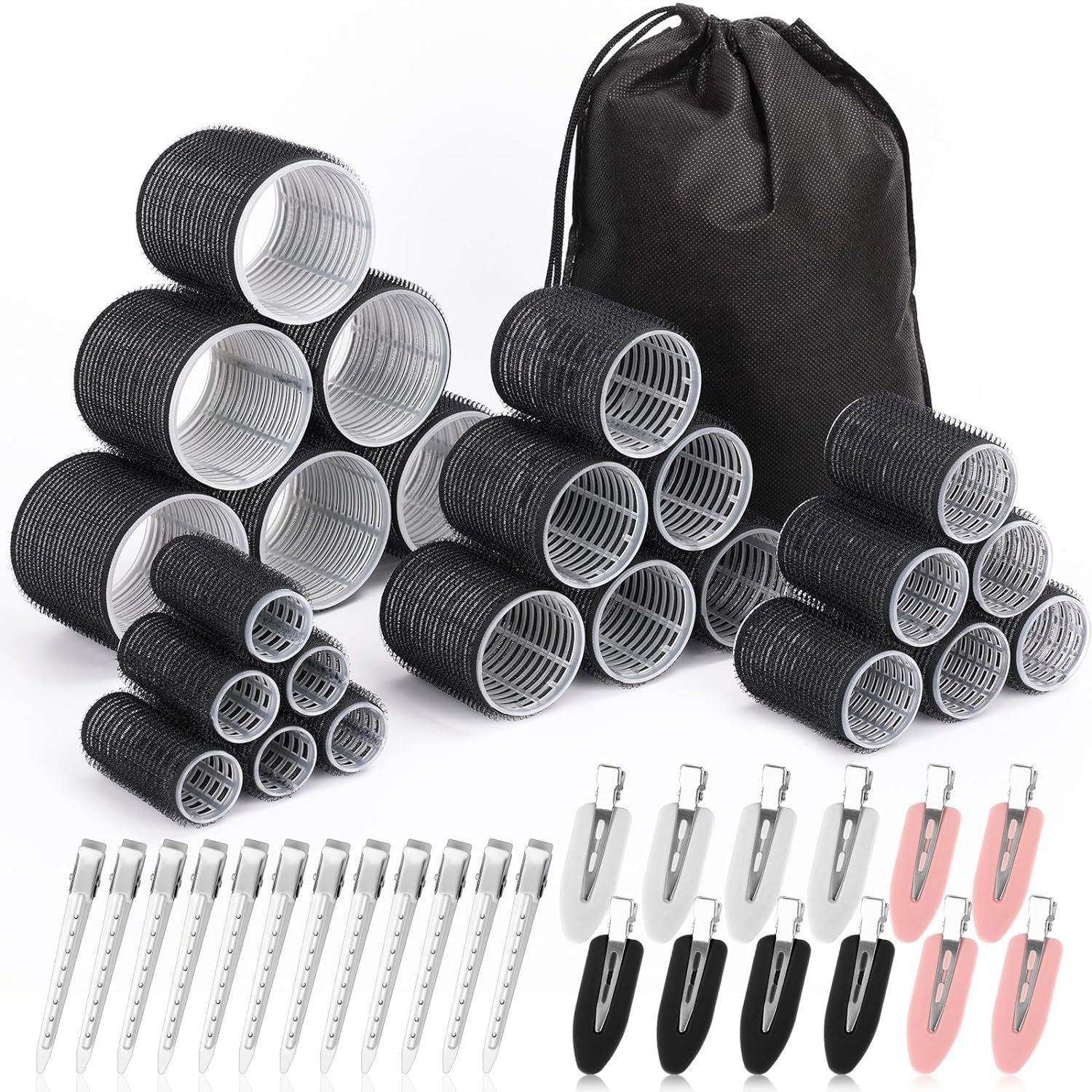 POPOLIC Haarstyling-Set Lockenwickler-Set mit 24 Lockenwicklern (6 Jumbo, 6 L, 6 M, 6 S), mit 24 Klammern für alle Haarlängen (Schwarz)