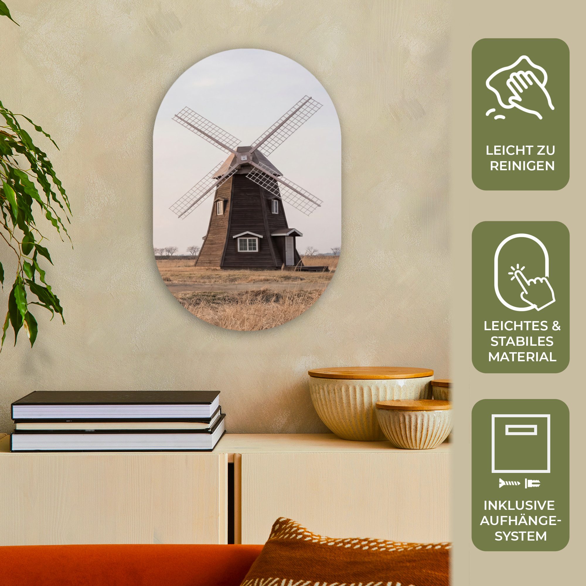 MuchoWow Gemälde Windkraftanlagen - Landschaft - Feld, Fotodruck (1 St), Wandbild Oval, Wohnzimmer oder Schlafzimmer Wanddekoration, 40x60 cm