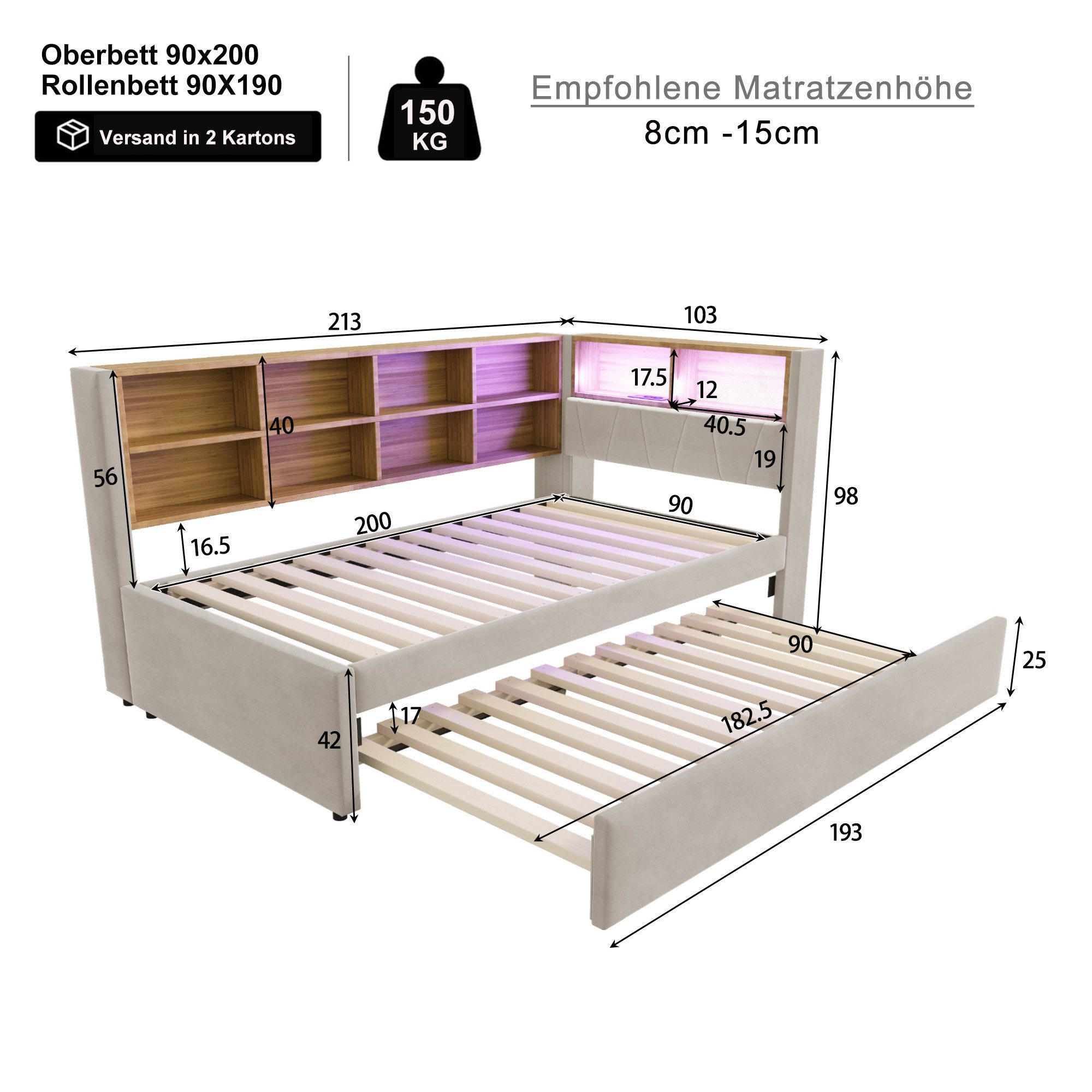 Ulife Daybett Schlafsofa mit LED Leuchten, günstig online kaufen