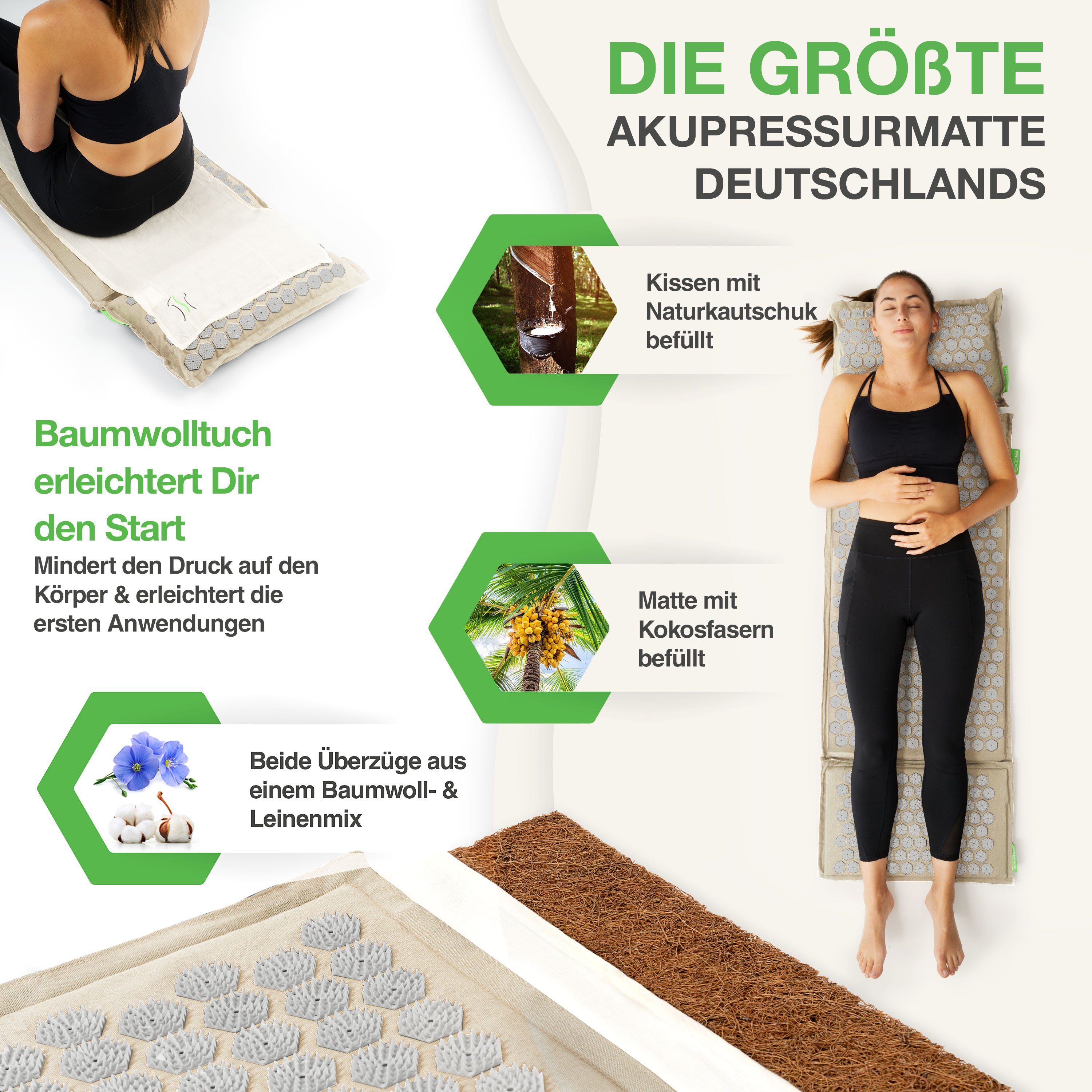 BACKLAxx® Akupressurmatte Set "Magnum" mit Kissen, Tuch & Tasche - XL- Akupressurmatte (Akupressurmatten Set, 5teilig + gratis-Download), 20.844 Spitzen für Anfänger und Schmerzempfindliche